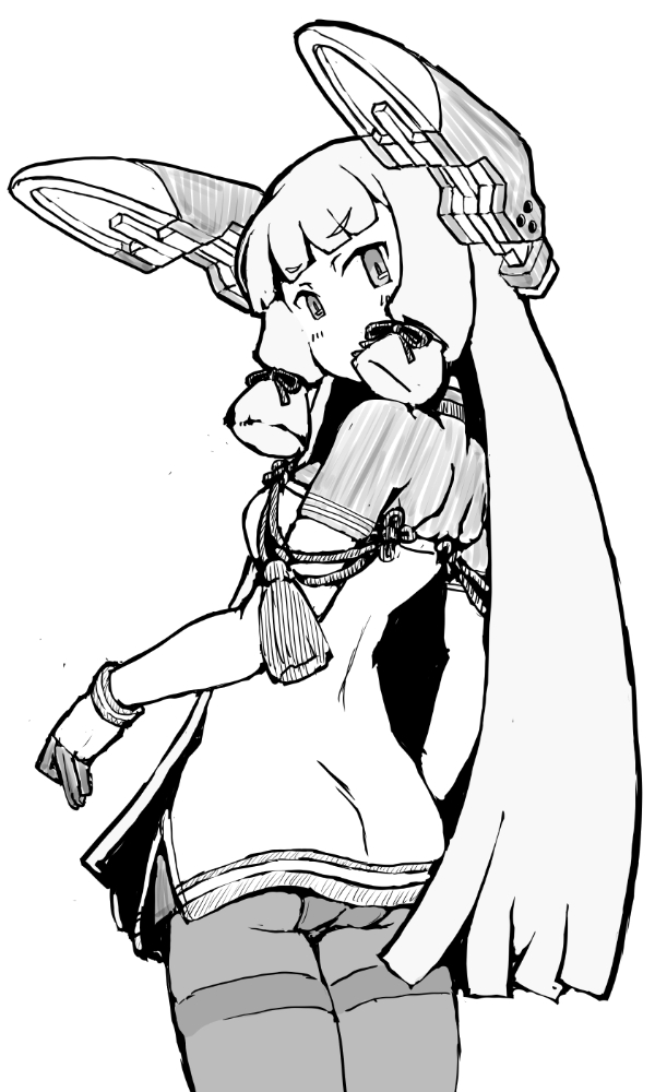 task (s task80), murakumo (kancolle), murakumo kai ni (kancolle), kantai collection, 1girl, ass, blunt bangs, blunt tresses, cowboy shot, floating headgear, gloves, grey hair, greyscale, hair ribbon, headgear, looking at viewer, looking back, monochrome, panties, panties under pantyhose, pantyhose, ribbon, simple background, solo, thighband pantyhose, tress ribbon, underwear