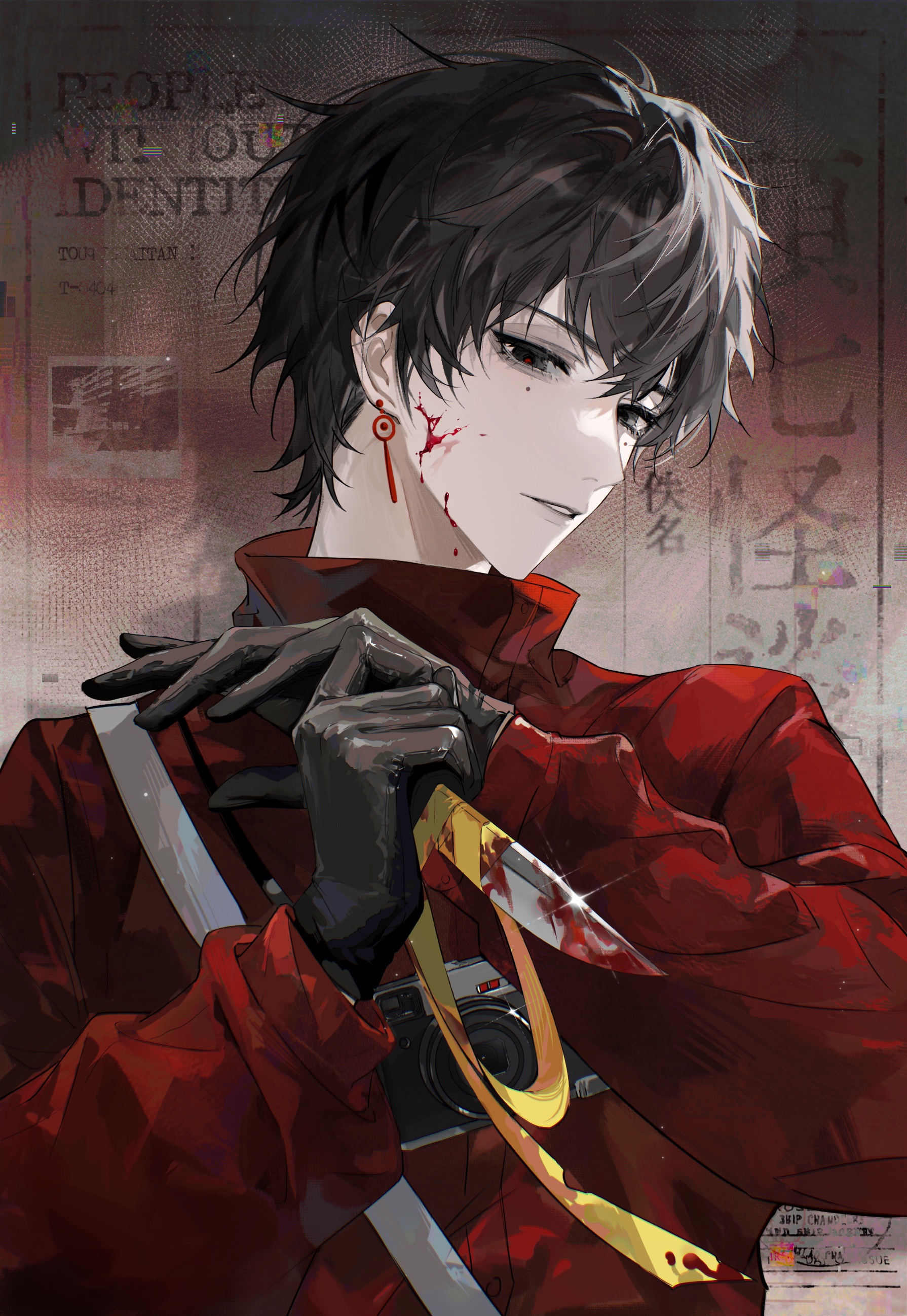 nidexintu, li yuting (male), touqi guaitan, absurdres, chinese commentary, highres, 1boy, bag, black eyes, black gloves, black hair, blood, blood on clothes, blood on face, bloody weapon, camera, earrings, eyelashes, glint, gloves, hair between eyes, holding, holding knife, holding weapon, jacket, jewelry, knife, long sleeves, looking at viewer, male focus, mole, mole under eye, parted lips, red jacket, red pupils, ribbon, short hair, shoulder bag, solo, turtleneck, upper body, weapon, yellow ribbon