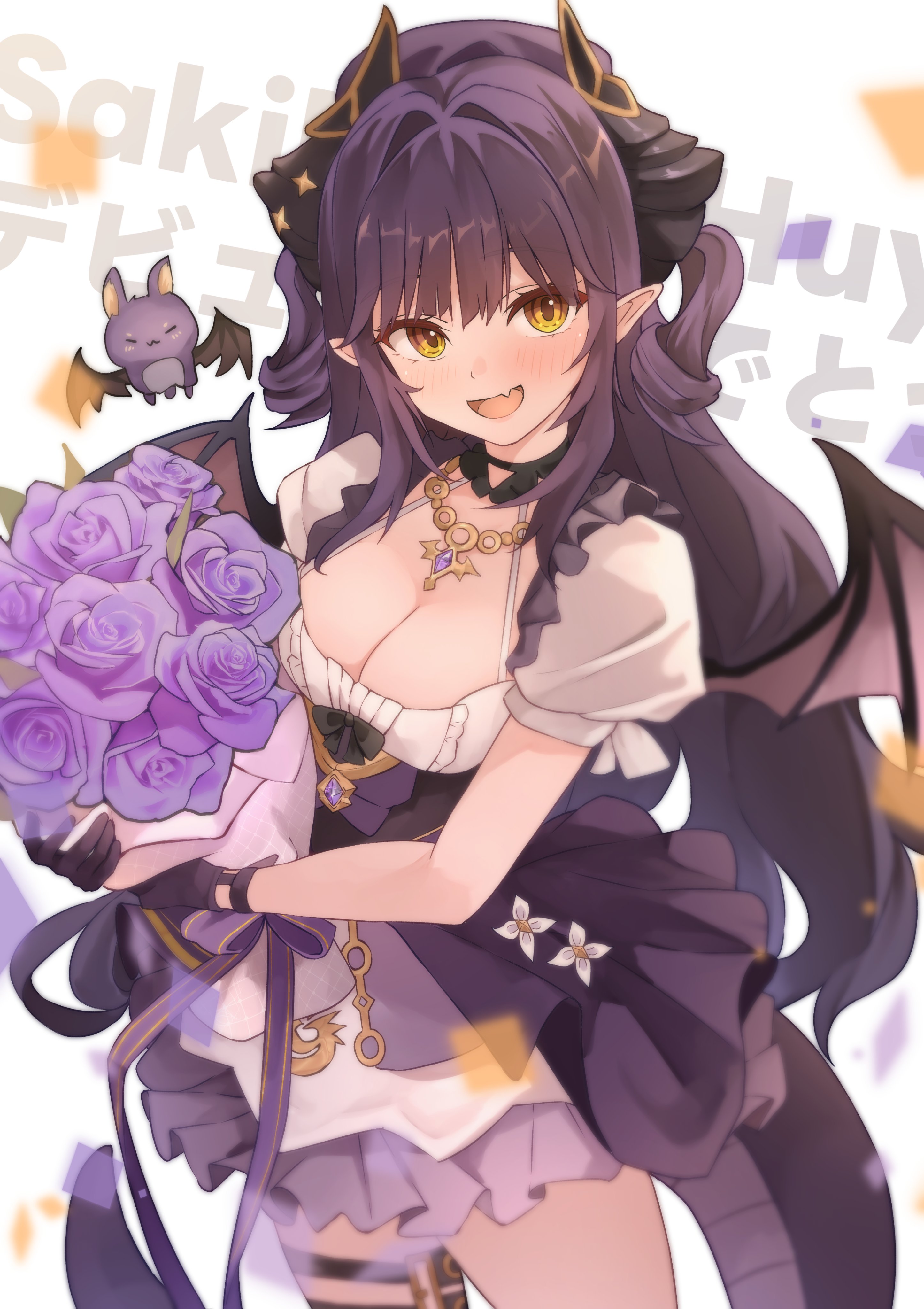 b1ack illust, sakihane huya, stellive, absurdres, highres, 1girl, animal ears, bat ears, bat wings, blush, breasts, cleavage, flower, hair between eyes, jewelry, looking at viewer, necklace, open mouth, wings