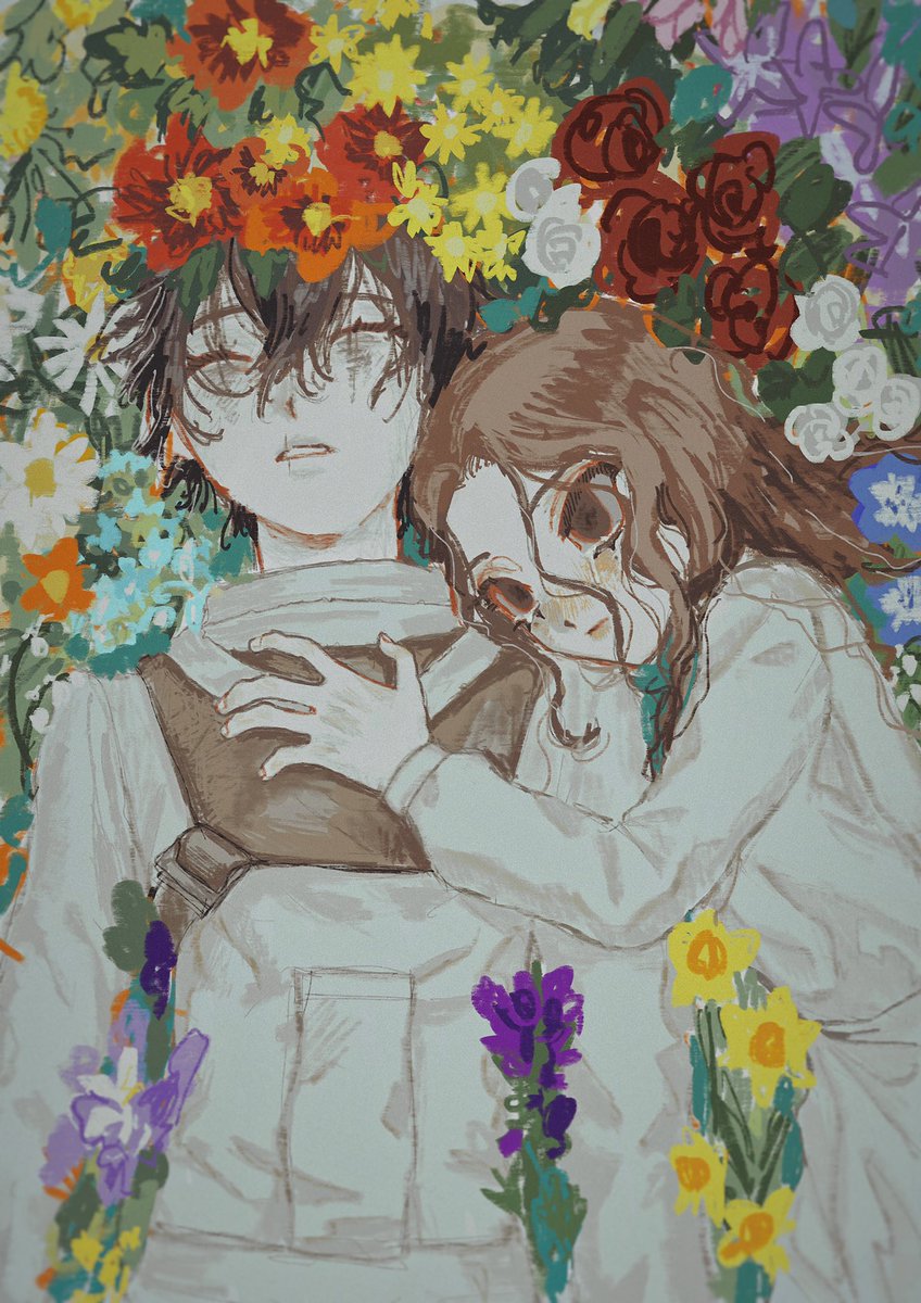 hnnstkn001, ada mesmer, emil (identity v), identity v, highres, protected link, 1boy, 1girl, bandages, black hair, blue flower, brown eyes, brown hair, closed eyes, crying, dress, flower, hair between eyes, hand on another's chest, head wreath, long hair, long sleeves, looking at viewer, lying, makeup, mole, mole under each eye, mole under eye, multiple moles, on back, orange flower, parted lips, purple flower, red flower, red rose, rose, runny makeup, scar, scar on face, short hair, tears, unconscious, upper body, white dress, white flower, yellow flower
