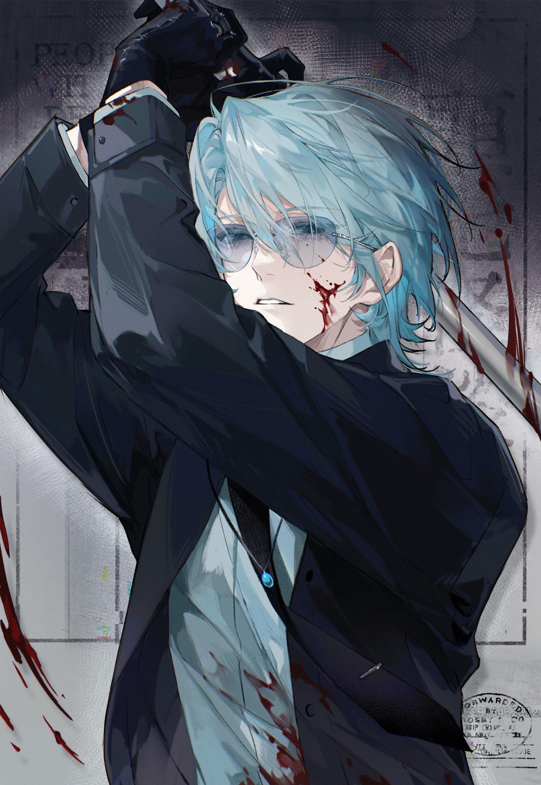 nidexintu, liu qingcheng, touqi guaitan, absurdres, chinese commentary, highres, 1boy, arms up, black gloves, black jacket, black necktie, black suit, blood, blood on clothes, blood on face, blood splatter, blood spray, bloody weapon, blue eyes, blue hair, collared shirt, dress shirt, eyelashes, formal clothes, glint, gloves, hair between eyes, hands up, holding, holding lead pipe, holding weapon, jacket, jewelry, lapels, lead pipe, long sleeves, looking at viewer, male focus, medium hair, mole, mole under eye, necktie, open clothes, open jacket, parted bangs, parted lips, rimless eyewear, round eyewear, shirt, short hair, solo, suit, suit jacket, sunglasses, teeth, tinted eyewear, upper body, weapon, white shirt