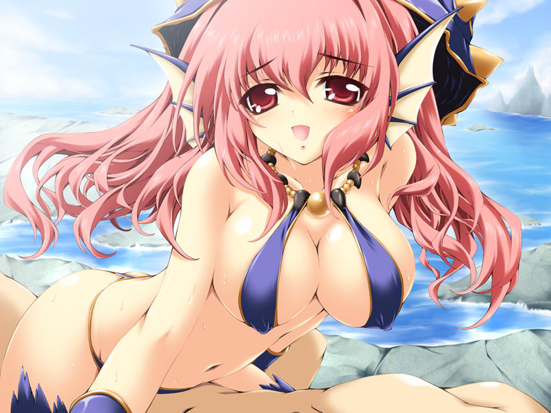 mitsuki mantarou, endou ifrina, figu@mate, game cg, 1boy, 1girl, beach, bikini, breasts, cleavage, clothed sex, cosplay, girl on top, hetero, mermaid, monster, monster girl, ocean, pink hair, sex, solo focus, swimsuit, thong bikini, vaginal, water