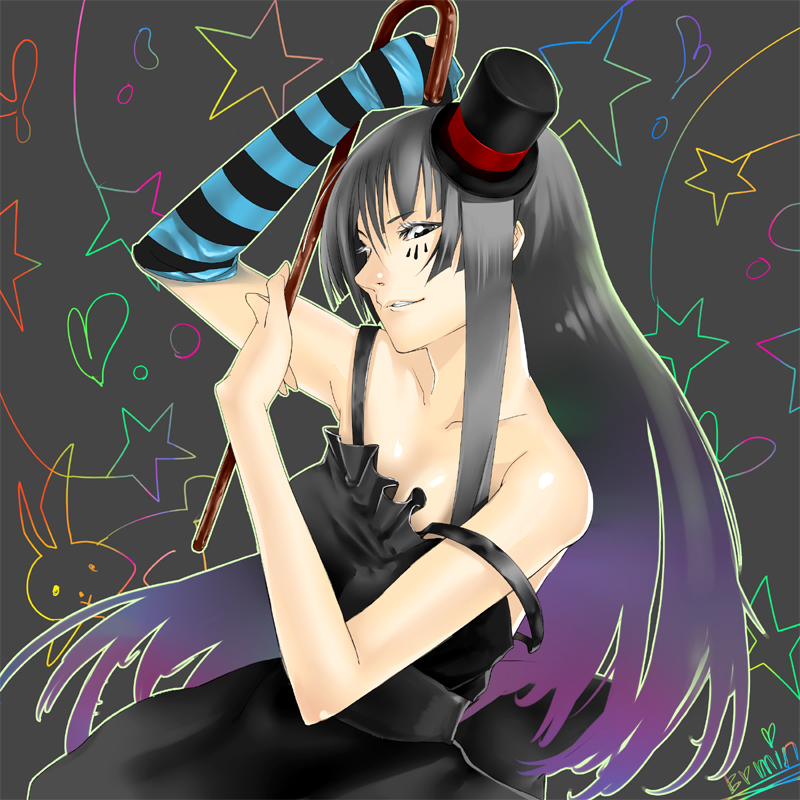 er-mint, akiyama mio, don't say "lazy", k-on!, striped, 00s, 1girl, asymmetrical clothes, bare shoulders, black hair, cane, colorful, dress, female focus, gloves, hat, heart, long hair, mini hat, mini top hat, off shoulder, rabbit, rainbow, single glove, solo, star (symbol), top hat