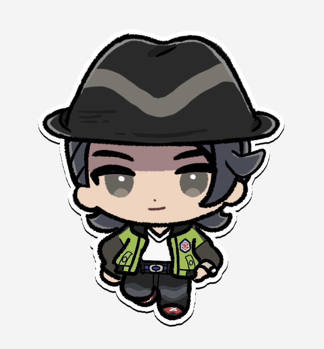eneko (olavcnkrpucl16a), paxton (pokemon), nintendo, pokemon, pokemon legends: z-a, 1boy, belt, black hair, black hat, blue belt, bracelet, chibi, chibi only, closed mouth, full body, green jacket, hat, jacket, jewelry, long sleeves, looking at viewer, male focus, open clothes, open jacket, outline, pants, red shoes, shirt, shoes, simple background, solo, white background, white shirt