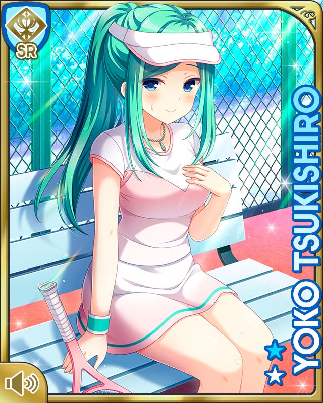 qp:flapper, tsukishiro youko, girlfriend (kari), official art, tagme, 1girl, ball, bench, black-framed eyewear, blue eyes, blush, breasts, card (medium), closed mouth, day, dress, female focus, glasses, green hair, large breasts, long hair, outdoors, pink dress, racket, shirt, sitting, smile, solo, sportswear, sun visor, tennis ball, tennis court, tennis racket, tennis uniform, white shirt