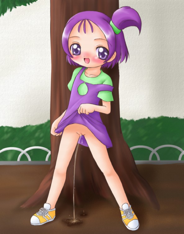 segawa onpu, ojamajo doremi, blush, clothes lift, dress, dress lift, hair ribbon, loli, no panties, open mouth, peeing, purple eyes, purple hair, pussy, ribbon, shoes, sneakers, spread legs, standing, tree, uncensored