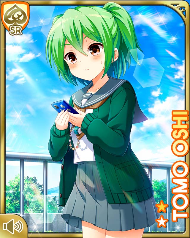 qp:flapper, oshi tomo, girlfriend (kari), official art, 1girl, bow, brown eyes, card (medium), cardigan, character name, closed mouth, day, green cardigan, green hair, grey skirt, hair bow, looking at viewer, outdoors, pleated skirt, sailor collar, school uniform, skirt, solo, sparkle