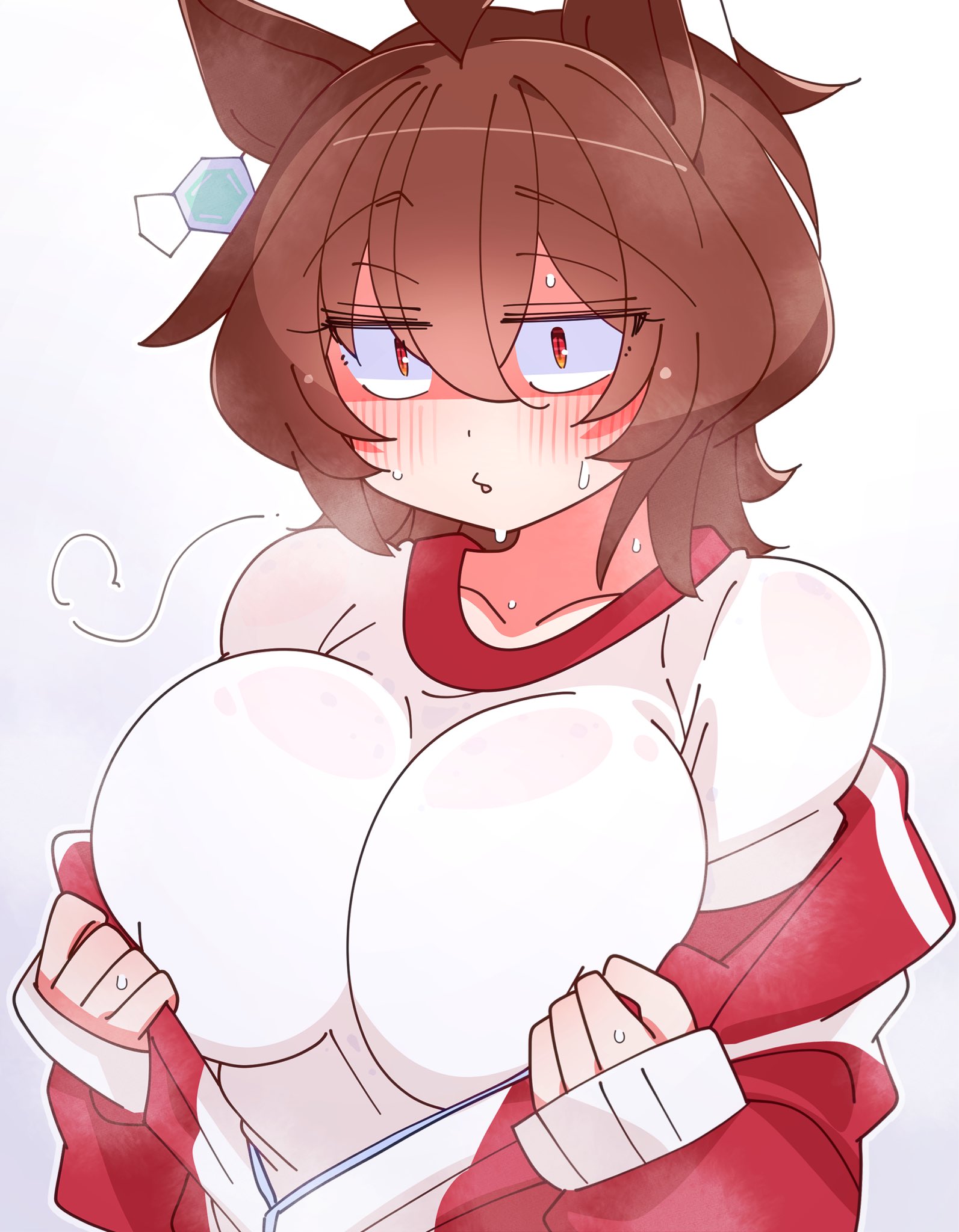 kaijin debeso, highres, tagme, 1girl, breasts, brown hair, large breasts, red eyes, simple background, sweat, sweatdrop, white background