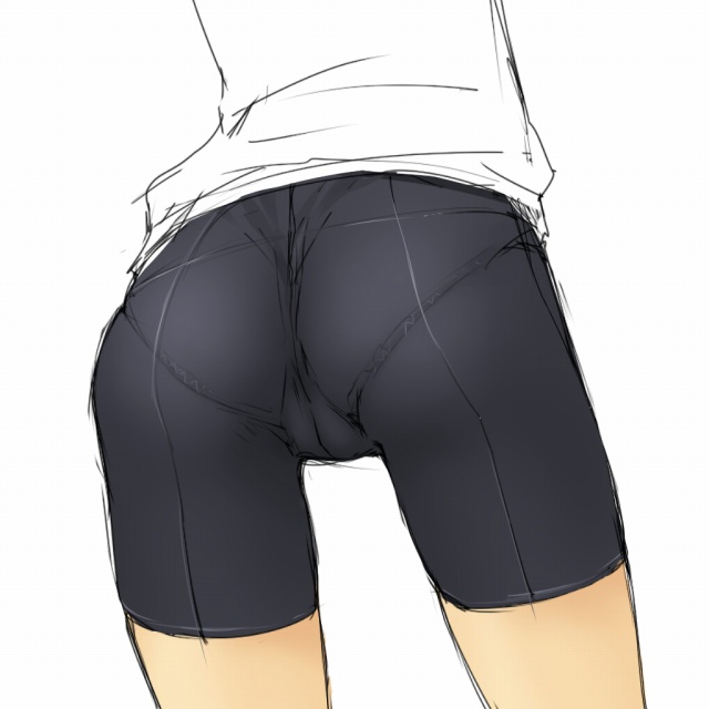mosha, 1girl, ass, ass focus, bike shorts, cameltoe, close-up, female focus, panties, pantylines, sketch, solo, thigh gap, thighs, underwear