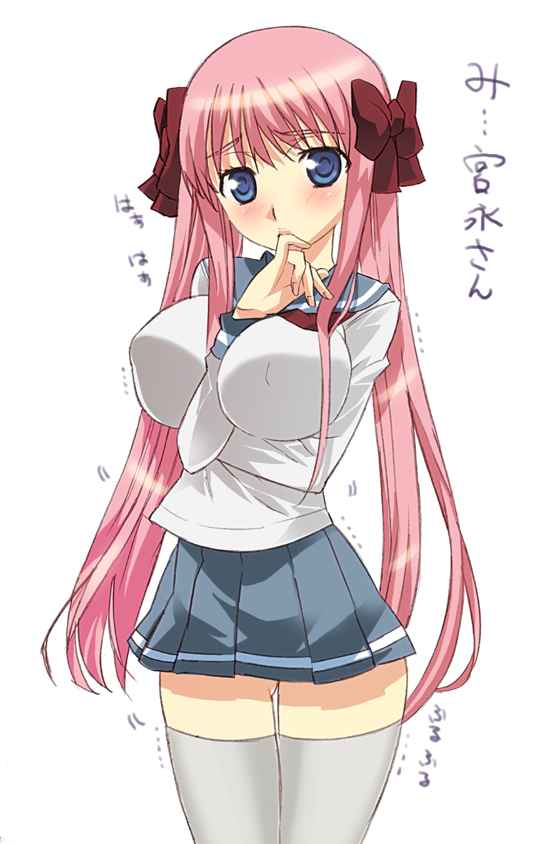nagy, haramura nodoka, saki (manga), highres, 00s, between breasts, blue eyes, breasts, huge breasts, long hair, pink hair, school uniform, serafuku, skirt, solo, thighhighs, twintails, white thighhighs, zettai ryouiki