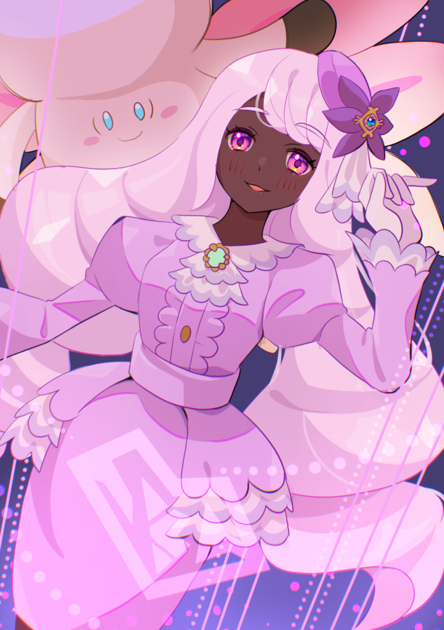 mizuiro123, clefable, jacinthe (pokemon), mega clefable, nintendo, pokemon, pokemon legends: z-a, 1girl, ascot, blue eyes, blue sclera, blush, blush stickers, closed mouth, colored sclera, colored skin, dark-skinned female, dark skin, dress, fairy, fairy wings, fascinator, frilled ascot, frills, gen 1 pokemon, gloves, hair ornament, juliet sleeves, long hair, long sleeves, looking at viewer, low drills, mega pokemon, multicolored wings, open mouth, pink skin, pokemon (creature), puffy sleeves, purple dress, purple eyes, purple hair, smile, very dark skin, white gloves, wings