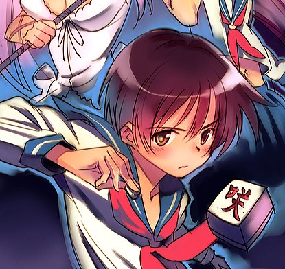 kikuchi, kikuchi (xpoz), miyanaga saki, saki (manga), lowres, 00s, 1girl, angry, blush, board game, breasts, brown hair, cleavage, embarrassed, flat chest, front-tie top, frown, holding, holding mahjong tile, long hair, looking at viewer, mahjong, mahjong tile, midriff, navel, neckerchief, pink hair, pleated skirt, purple hair, red neckerchief, school uniform, serafuku, short hair, skirt, staff, upper body, yellow eyes