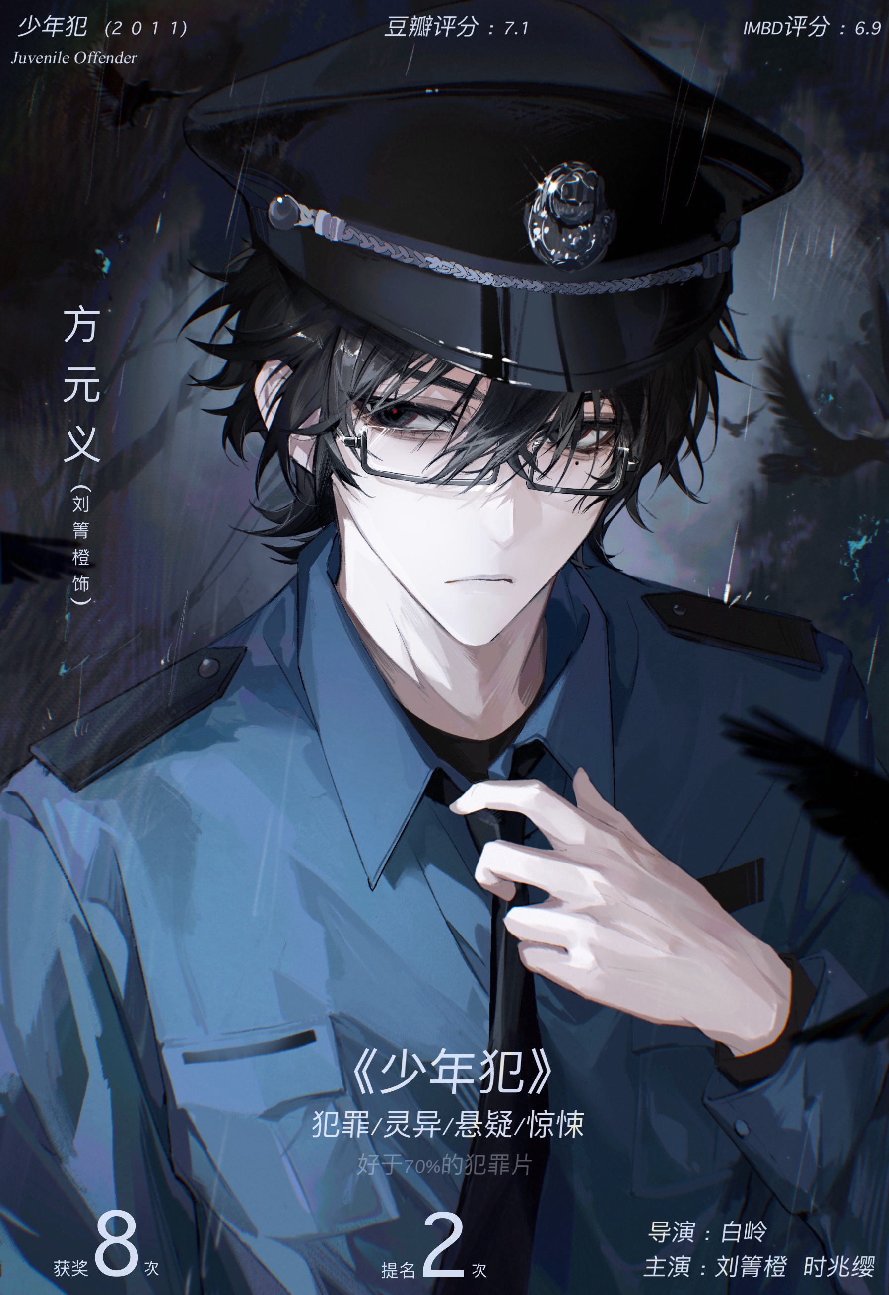 nidexintu, liu qingcheng, touqi guaitan, absurdres, chinese commentary, highres, 1boy, adjusting clothes, adjusting necktie, bird, black-framed eyewear, black bird, black eyes, black hair, black hat, black necktie, blue shirt, breast pocket, character name, chinese text, closed mouth, collared shirt, crow, eyelashes, glass, glasses, grey eyes, hair between eyes, hand up, hat, long sleeves, looking at viewer, male focus, mole, mole under eye, necktie, peaked cap, pocket, police, police hat, police uniform, rain, shirt, short hair, solo, upper body