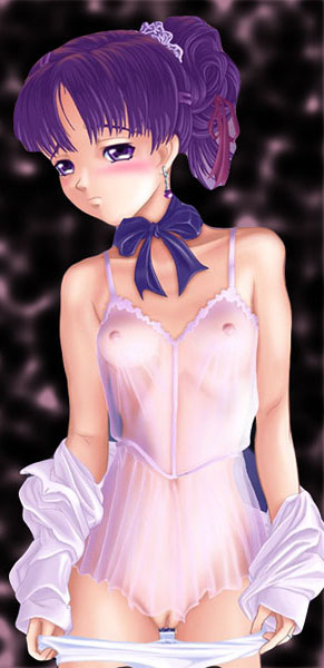 aged down, blush, breasts, earrings, hair ribbon, headband, jewelry, loli, nightgown, panties, ponytail, purple hair, ribbon, underwear
