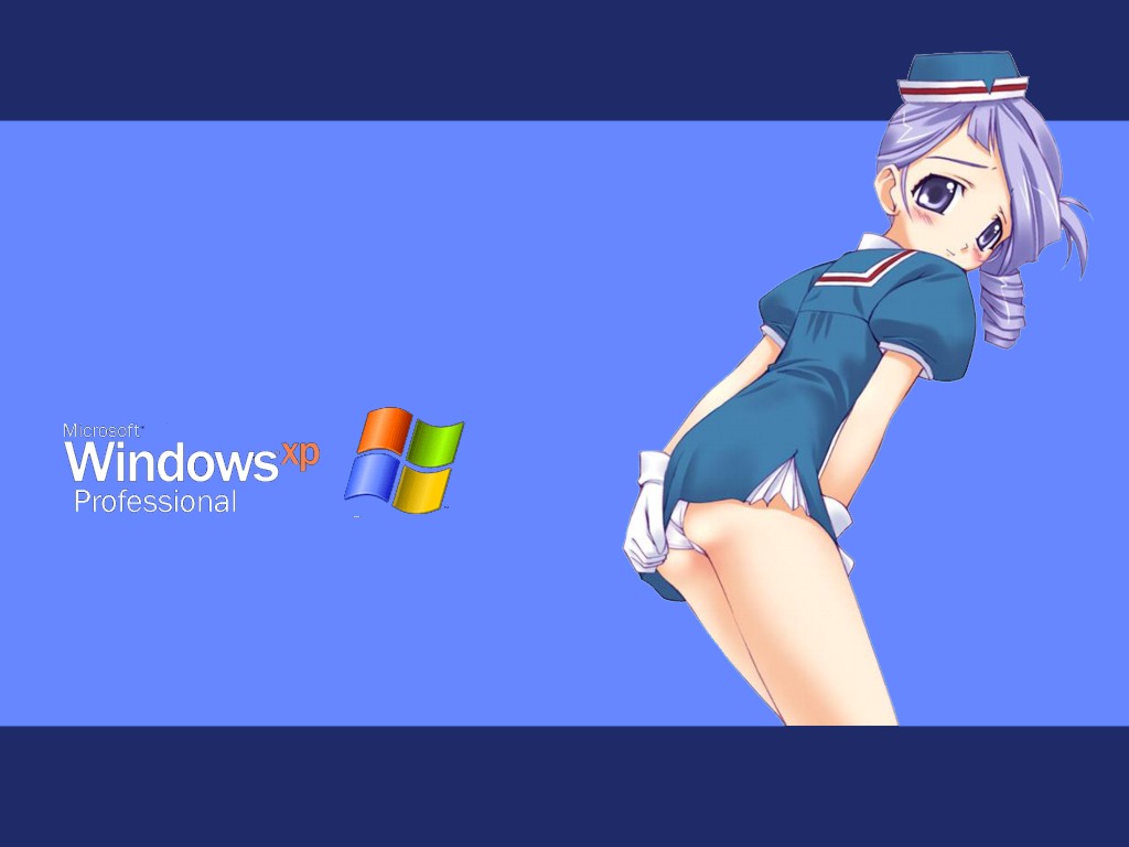 lumiere (kiddy grade), kiddy grade, microsoft windows, os-tan, windows xp, 00s, aged down, ass, blue eyes, blue hair, blush, child, desktop (computing), dress, gloves, hat, panties, pantyshot, underwear