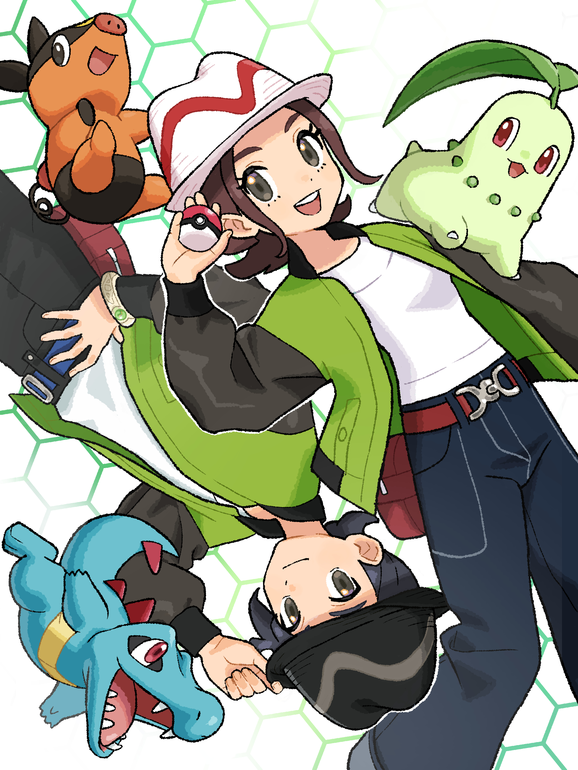 minato (mntnm), chikorita, harmony (pokemon), paxton (pokemon), tepig, totodile, nintendo, pokemon, pokemon legends: z-a, absurdres, highres, 1boy, 1girl, belt, black hair, black hat, black pants, blue belt, bracelet, brown belt, brown hair, closed mouth, gen 2 pokemon, gen 5 pokemon, green jacket, hand up, happy, hat, holding, holding poke ball, jacket, jewelry, long sleeves, looking at viewer, open clothes, open jacket, open mouth, pants, poke ball, poke ball (basic), pokemon (creature), shirt, sidelocks, smile, teeth, upper teeth only, white hat, white shirt