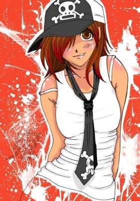 lowres, 1girl, baseball cap, brown eyes, brown hair, female focus, hair over one eye, hat, necktie, solo