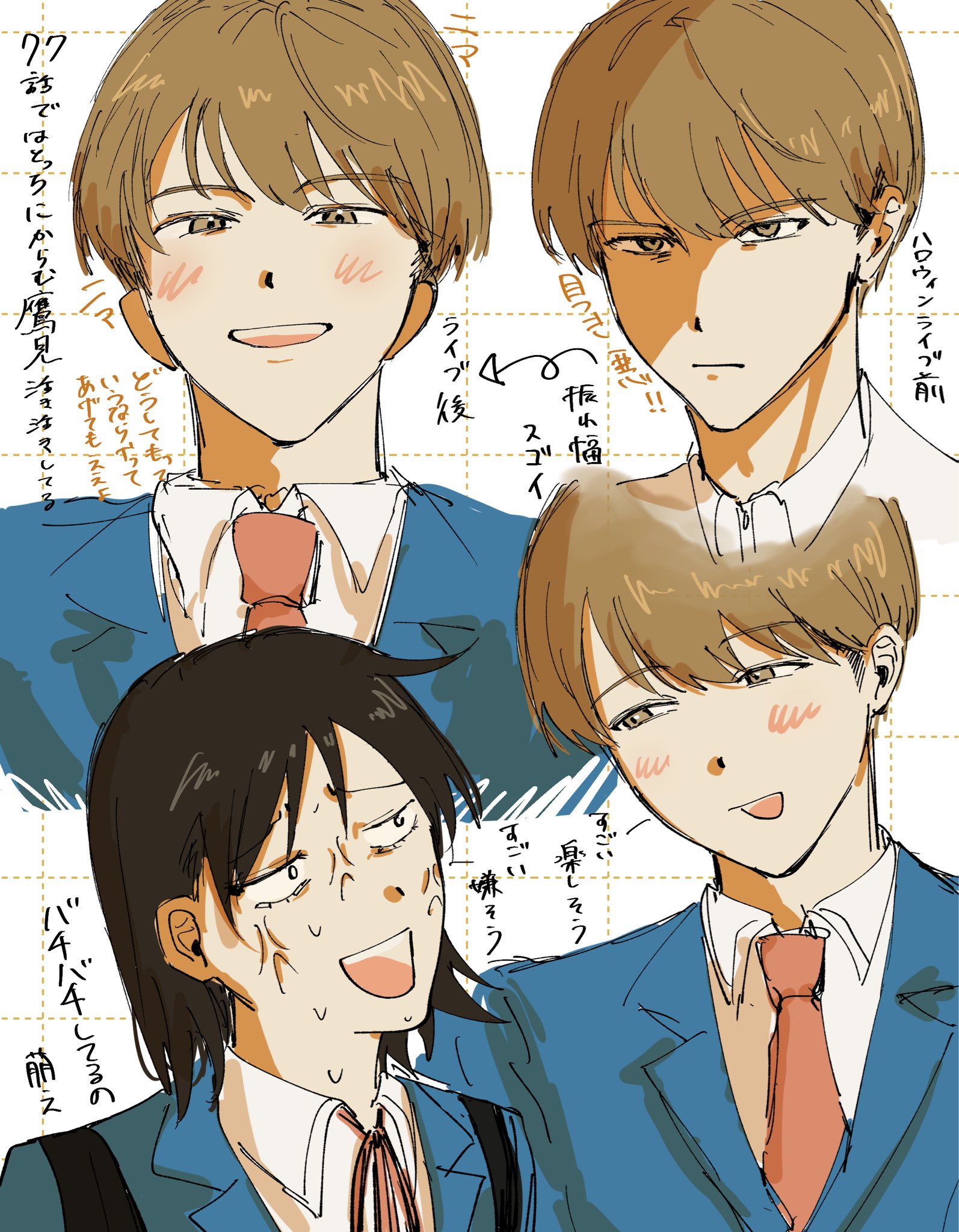 hatono chihiro, takami kouki, futsuu no keion-bu, commentary request, highres, translation request, 1boy, 1girl, :d, anger vein, angry, black hair, blazer, blue jacket, brown eyes, brown hair, collared shirt, eye contact, furrowed brow, grid background, hamstring (dpej2en), jacket, looking at another, male focus, multiple views, neck ribbon, necktie, open mouth, red necktie, red ribbon, ribbon, school uniform, shirt, short hair, smile, upper body, white shirt