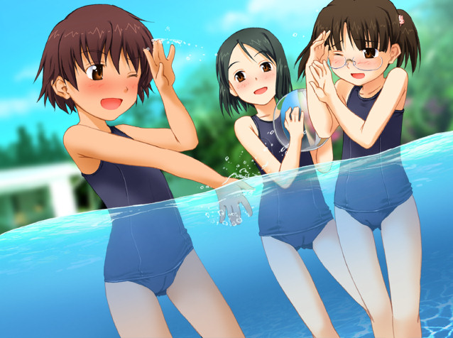 yoshida seiji, iwasaki kurumi, mukunoki risa, mukunoki rui, sukumizu fuyouron, 3girls, ball, black hair, blush, brown eyes, brown hair, glasses, happy, multiple girls, one-piece swimsuit, one eye closed, pool, school swimsuit, short hair, sky, swimsuit, tan, tree, twintails, water, wink