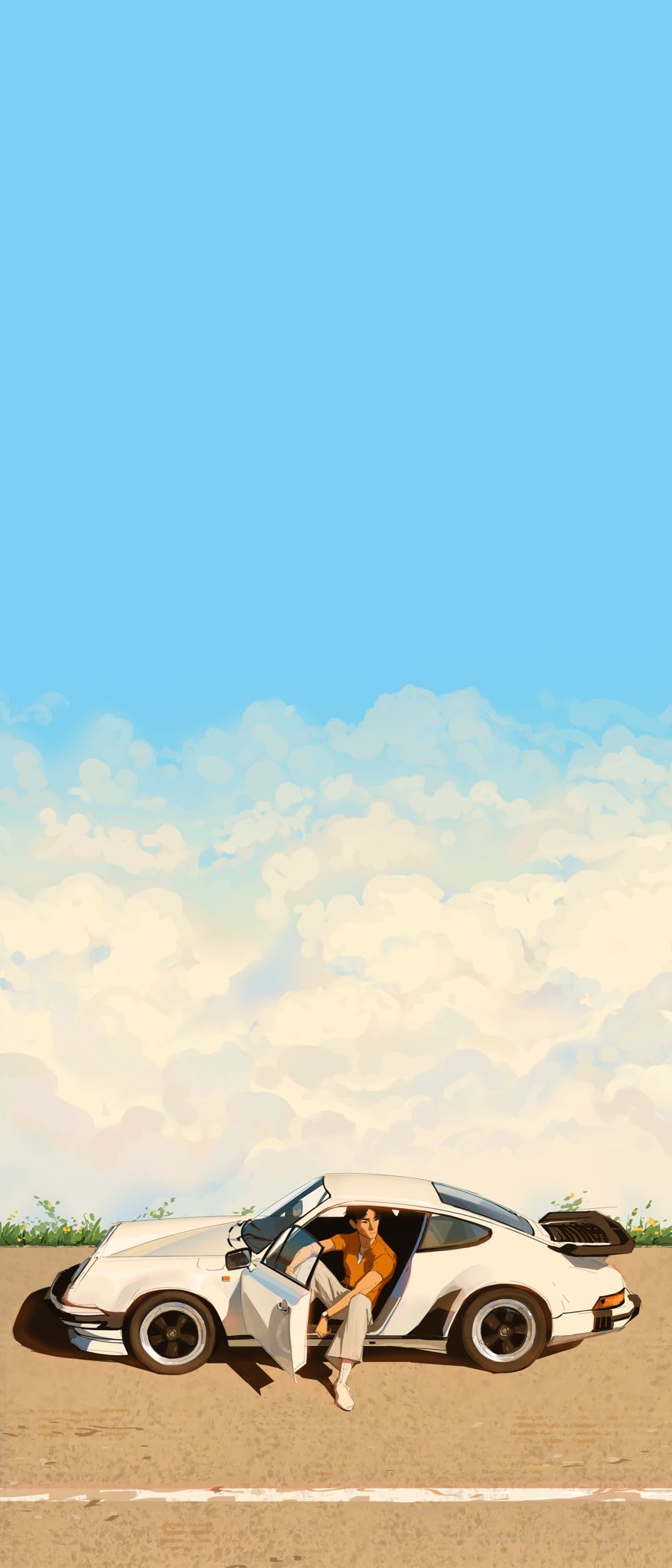 sam yang, original, highres, vehicle request, 1boy, brown hair, car, cloud, cloudy sky, day, elbows on knees, full body, grass, knee up, looking to the side, motor vehicle, open door, orange shirt, outdoors, painterly, road, scenery, shirt, sitting, sky, sky focus, socks, solo, street, undershirt, white shirt, white socks