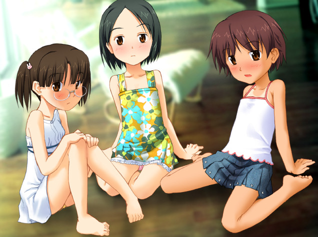 yoshida seiji, iwasaki kurumi, mukunoki risa, mukunoki rui, sukumizu fuyouron, 3girls, barefoot, black hair, blush, brown eyes, brown hair, chair, dress, feet, frown, glasses, multiple girls, panties, pantyshot, short hair, shy, sitting, skirt, tank top, toes, twintails, underwear