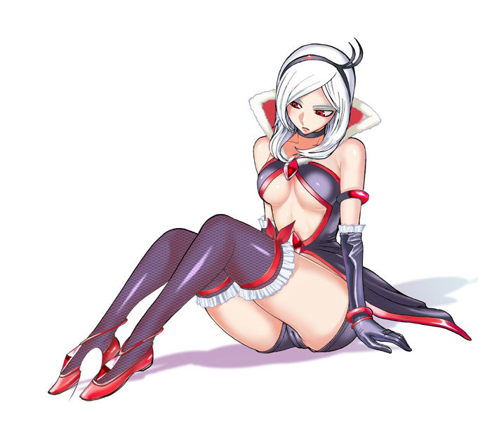 kamitsuki manmaru, eas (fresh precure!), higashi setsuna, fresh precure!, precure, black neckwear, 00s, 1girl, armband, breasts, cameltoe, choker, elbow gloves, feet, femdom, flats, footjob, gloves, hairband, large breasts, penis, red eyes, shoejob, short shorts, shorts, sitting, solo, thighhighs, underboob, white hair