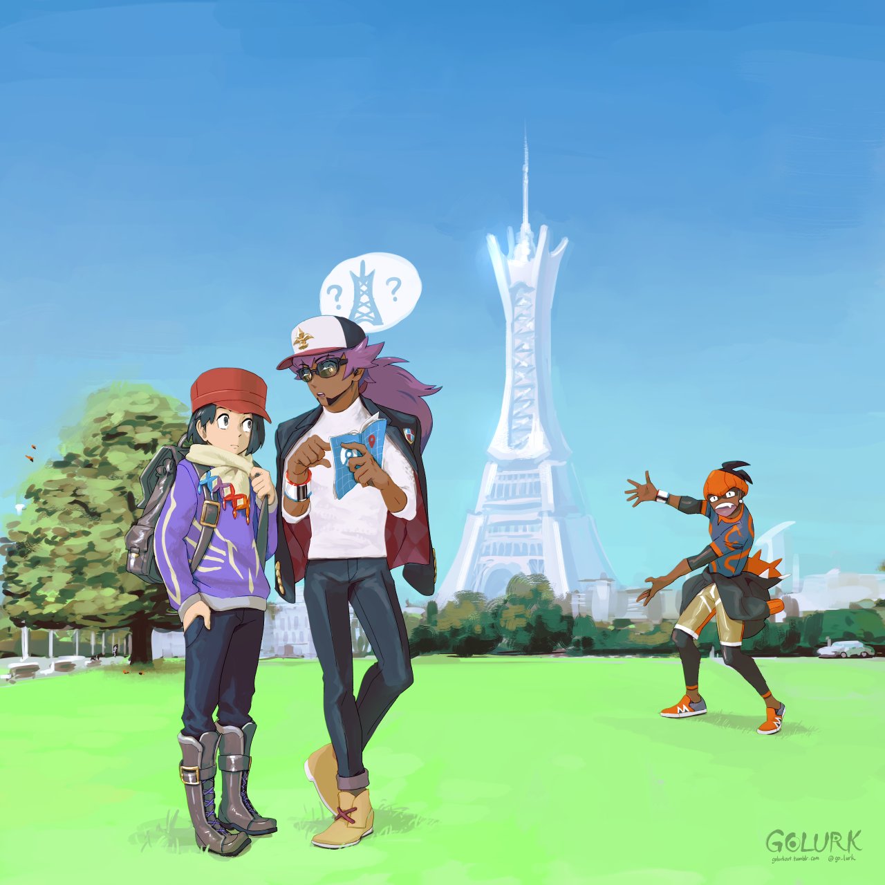 go-lurk, calem (pokemon), leon (pokemon), raihan (pokemon), nintendo, pokemon, pokemon swsh, commentary, highres, 3boys, alternate costume, baseball cap, black hair, black jacket, blue sky, boots, clear sky, closed mouth, dark-skinned male, dark skin, day, eye contact, grass, hat, headband, hoodie around waist, jacket, jacket on shoulders, long hair, long sleeves, looking at another, lumiose city, male focus, meme, multiple boys, orange headband, outdoors, pants, purple hair, purple jacket, red hat, scarf, shoes, short hair, signature, sky, standing, tree, will smith: tada (meme)