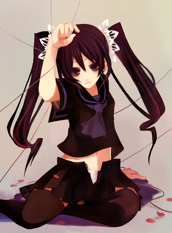 musou yuchi, original, cherry blossoms, long hair, navel, panties, petals, purple hair, red eyes, school uniform, serafuku, skirt, solo, thighhighs, twintails, underwear, zettai ryouiki