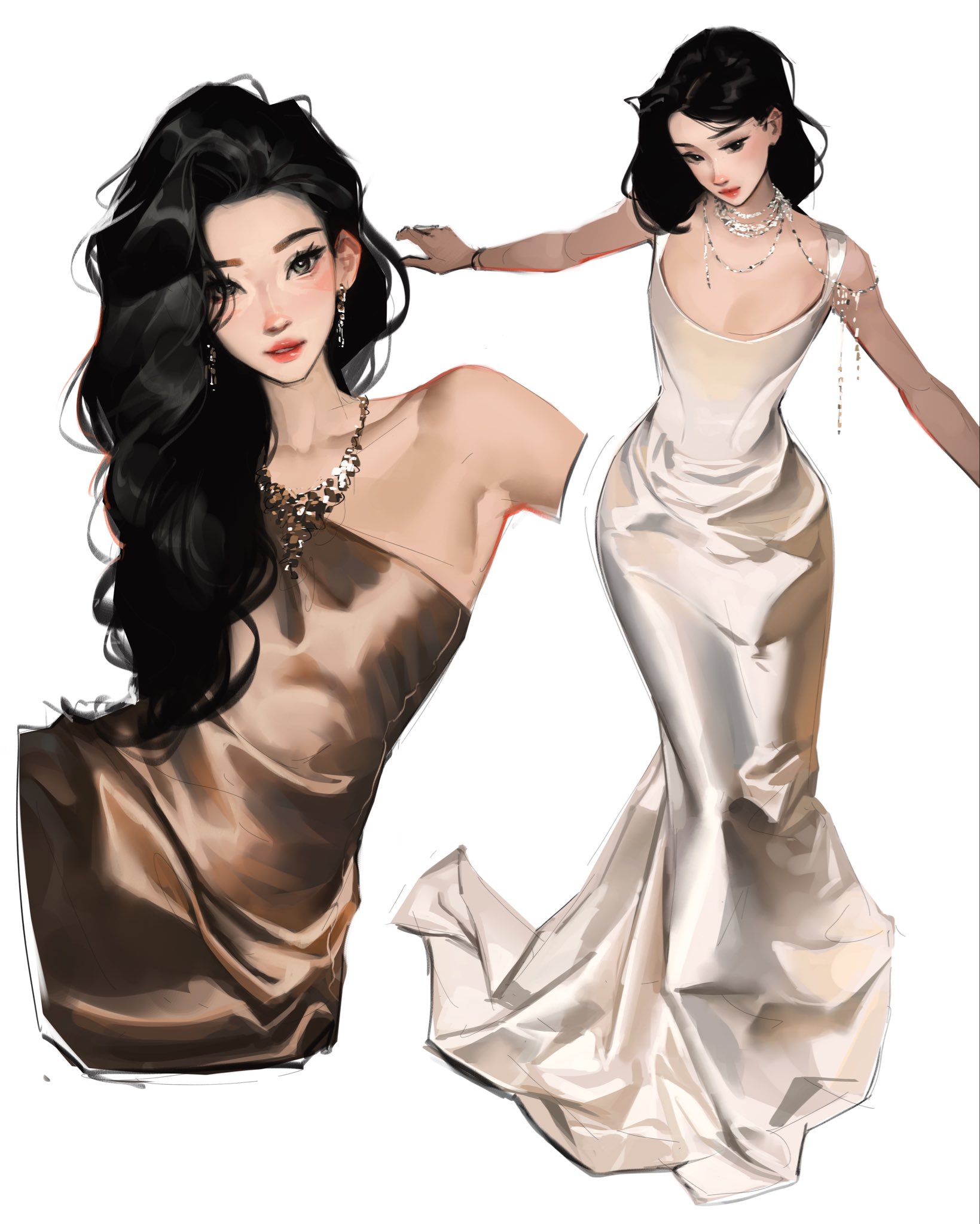 sam yang, original, silver necklace, clothing request, commentary, english commentary, highres, 2girls, armpits, bangle, black eyes, black hair, blue eyes, bracelet, breasts, cleavage, curtained hair, dress, earrings, full body, jewelry, lipstick, looking at viewer, luster, makeup, multiple girls, multiple necklaces, necklace, outstretched arms, parted lips, sleeveless, sleeveless dress, smile, twisted torso, wavy hair