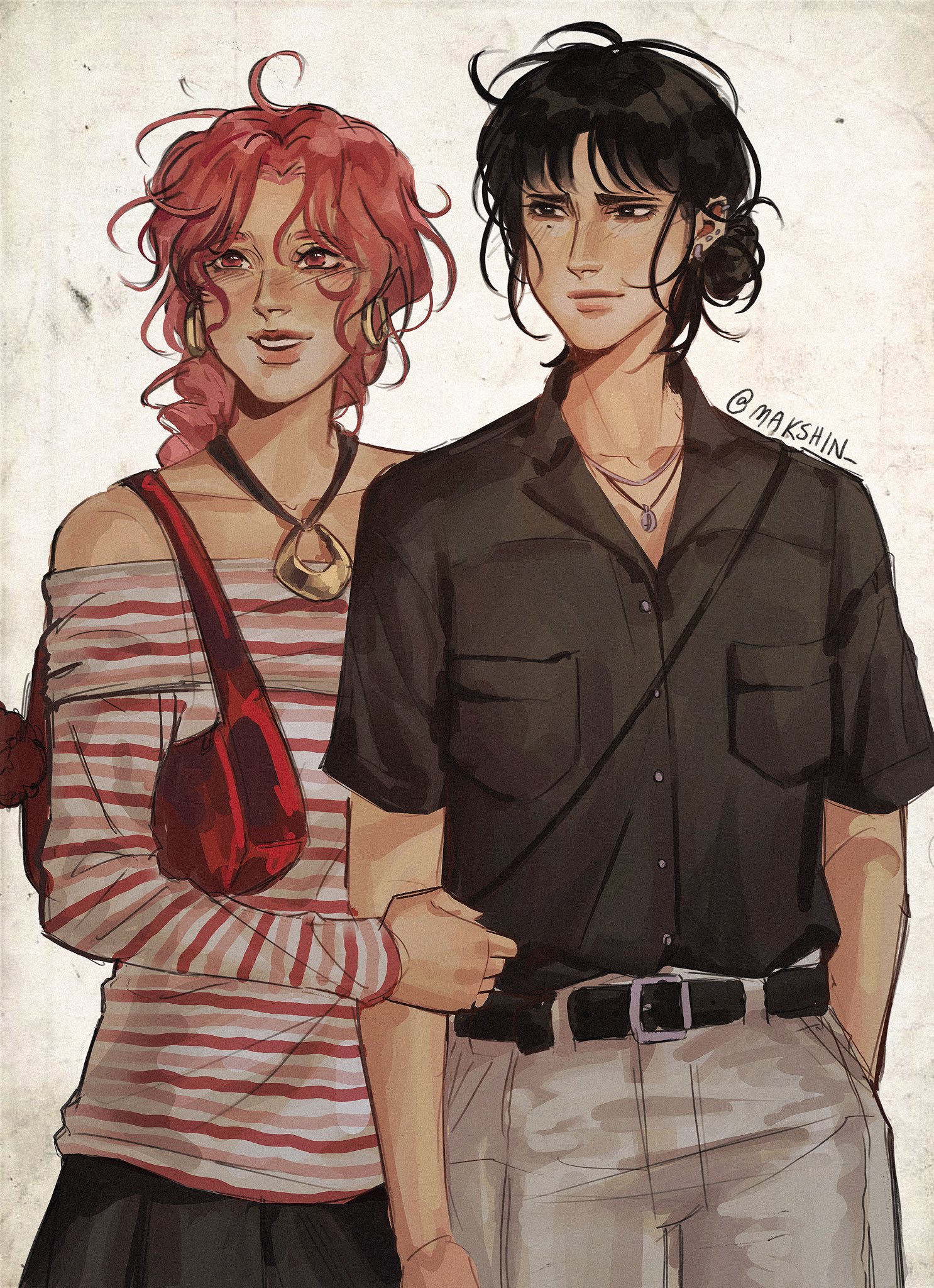 makshin, koga mitsuki, oosawa aya, kininatteru hito ga otoko ja nakatta, commentary, english commentary, highres, 2girls, androgynous, bag, belt, black belt, black eyes, black hair, black shirt, breast pocket, closed mouth, collared shirt, cowboy shot, dress shirt, earrings, grey pants, hair bun, jewelry, mole, mole under eye, multiple girls, necklace, off-shoulder shirt, off shoulder, pants, parted bangs, pocket, red bag, red eyes, red hair, shirt, shirt tucked in, short sleeves, shoulder bag, single hair bun, smile, striped clothes, striped shirt, twitter username, wavy hair