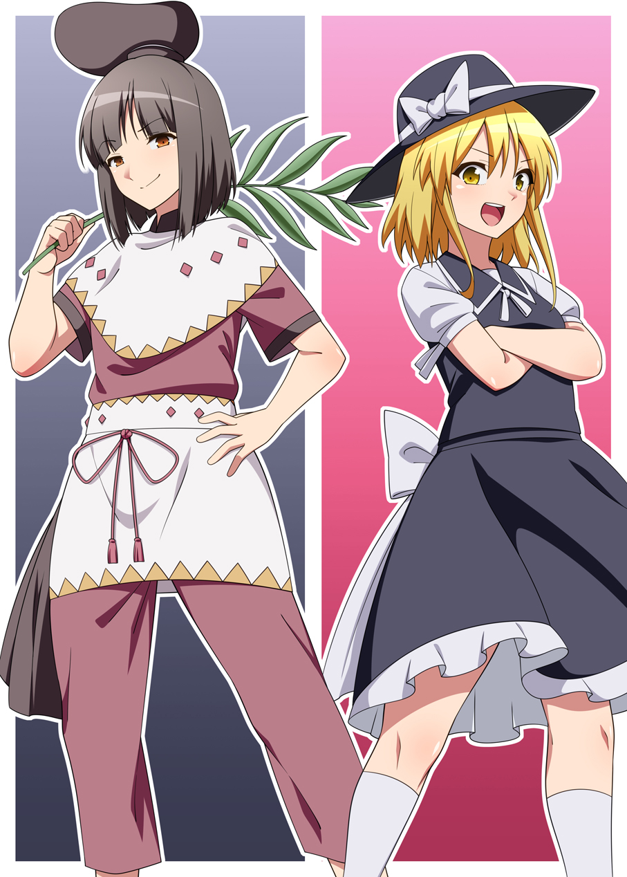 jeno, nishida satono, yuki (touhou), touhou, touhou (pc-98), commentary request, commission, highres, skeb commission, 1boy, 1girl, back bow, black dress, black hat, blonde hair, blunt ends, border, bow, brown eyes, brown hair, brown hat, capelet, closed mouth, cowboy shot, crossed arms, dress, frills, genderswap, genderswap (ftm), grey background, hair between eyes, hand on own hip, hand up, hat, hat bow, holding, long hair, looking at viewer, low ponytail, myouga (plant), neck ribbon, open mouth, outside border, pants, parted bangs, pinafore dress, pink background, pink pants, pink ribbon, pink shirt, ponytail, puffy short sleeves, puffy sleeves, ribbon, sailor collar, shirt, short hair, short sleeves, sidelocks, simple background, sleeveless, sleeveless dress, smile, socks, standing, tassel, teeth, tongue, white border, white bow, white capelet, white ribbon, white shirt, white socks, yellow eyes