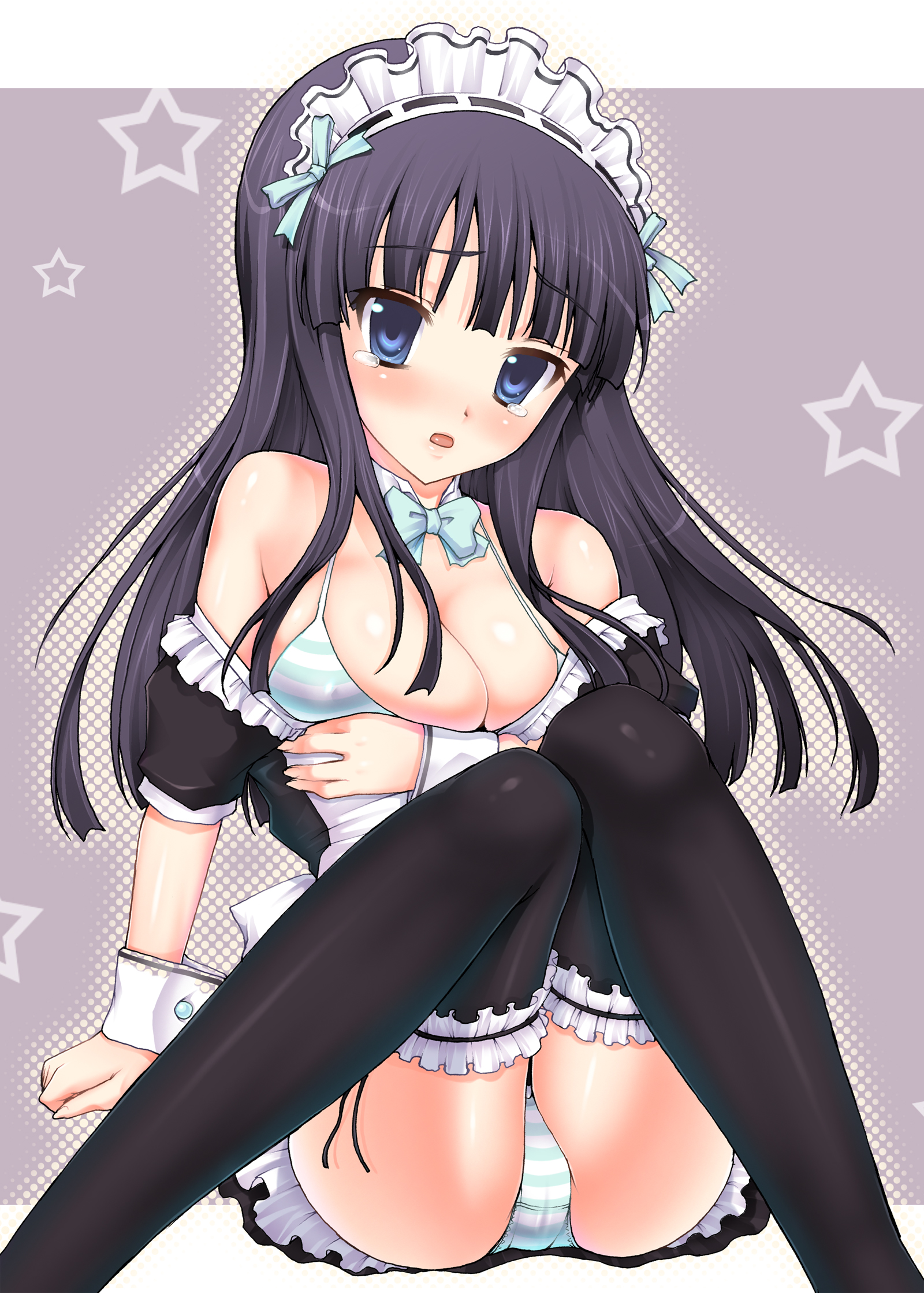 kotobuki utage, akiyama mio, k-on!, highres, 00s, 1girl, alternate costume, apron, ass, black hair, blue eyes, blunt bangs, bow, bowtie, bra, breasts, cameltoe, cleavage, detached collar, dress, enmaided, female focus, frilled thighhighs, frills, hairband, hime cut, large breasts, lingerie, looking at viewer, maid, maid apron, maid headdress, panties, solo, striped clothes, striped panties, tears, thighhighs, underwear, undressing, upskirt, wrist cuffs