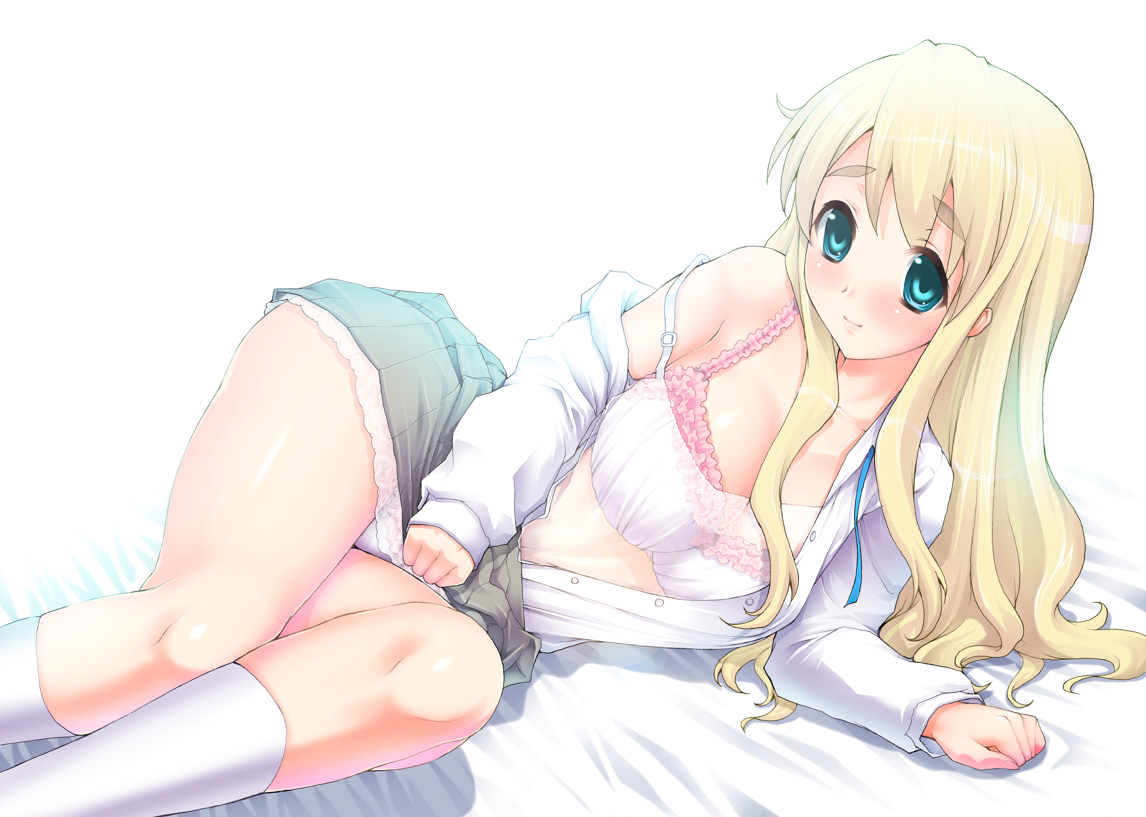 kotobuki utage, kotobuki tsumugi, k-on!, eyebrows, absurdres, highres, 00s, 1girl, aqua eyes, blonde hair, blue eyes, blush, bra, breasts, chemise, covering crotch, covering privates, female focus, kneehighs, large breasts, lingerie, long hair, lying, off shoulder, on side, open clothes, open shirt, panties, pantyshot, petticoat, school uniform, shirt, skirt, skirt tug, socks, solo, strap slip, thighs, underwear, upskirt, wide hips