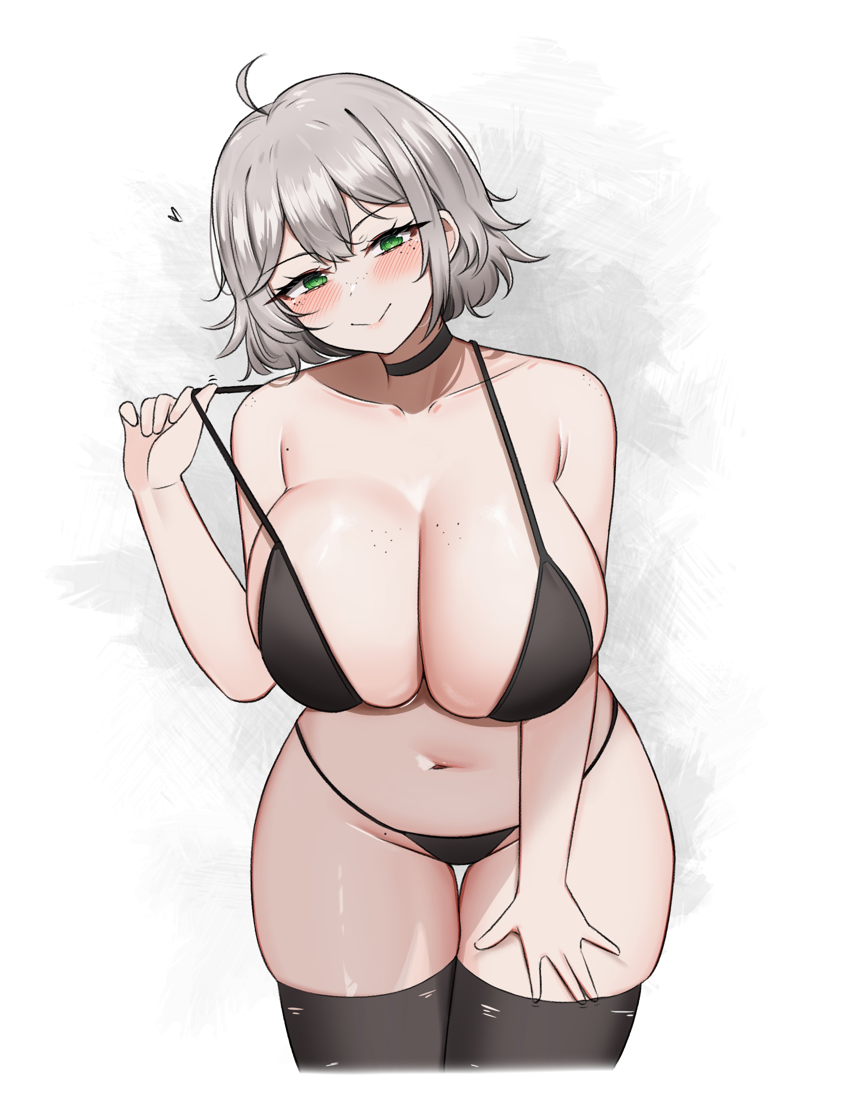 yukaraishin, original, absurdres, commentary, english commentary, highres, 1girl, ahoge, bikini, black bikini, black choker, black thighhighs, blush, body freckles, borrowed character, breast freckles, breasts, choker, cleavage, closed mouth, collarbone, cropped legs, double-parted bangs, freckles, green eyes, grey hair, head tilt, huge breasts, looking at viewer, navel, short hair, simple background, skindentation, smile, solo, swimsuit, thick thighs, thighhighs, thighs, white background