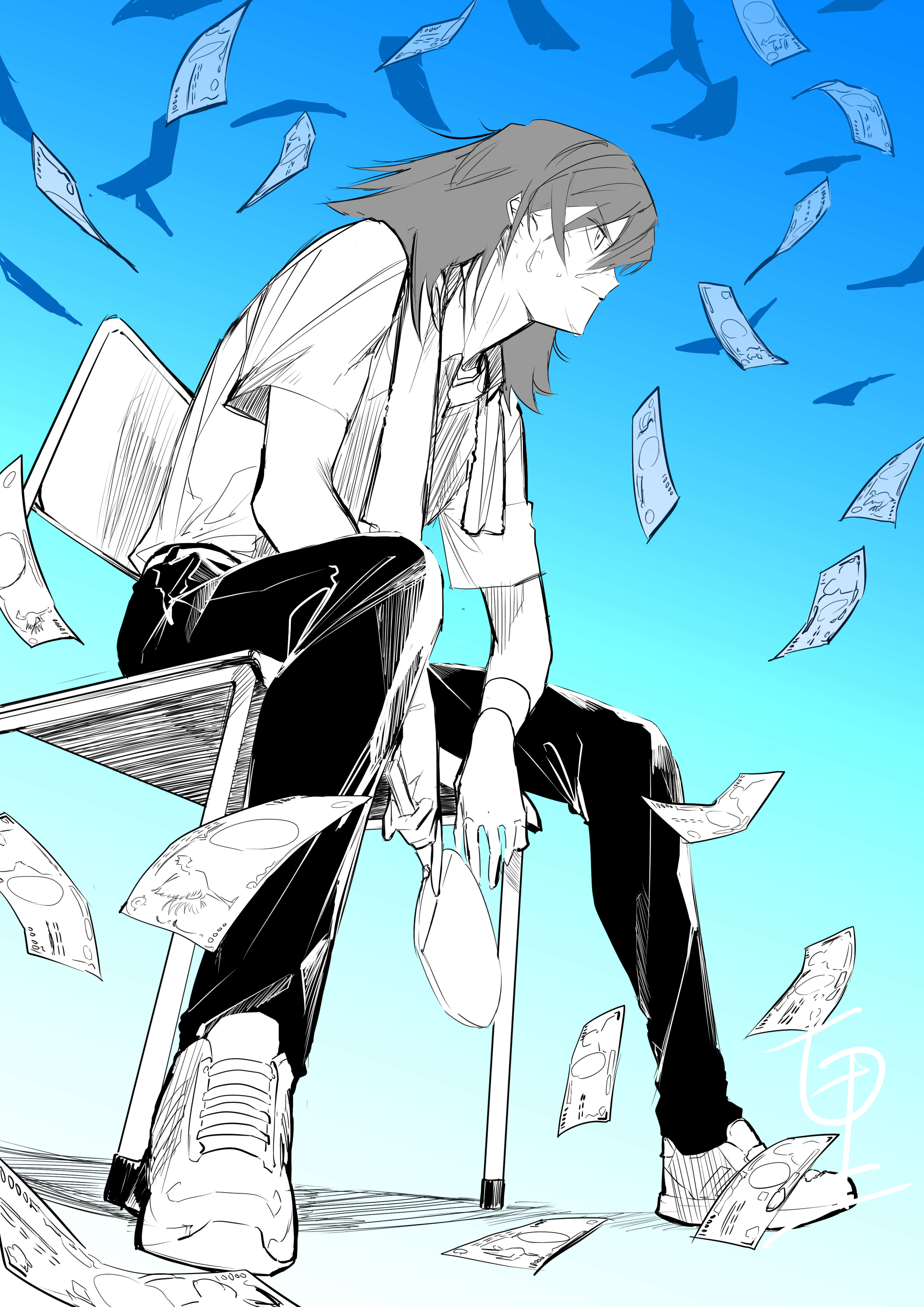 absurdres, highres, 1boy, chair, fccrcrvim924172, medium hair, mikado taira, money, paddle, pants, ping-pong peril, shoes, short sleeves, sitting, sneakers, solo, sweat, table tennis paddle