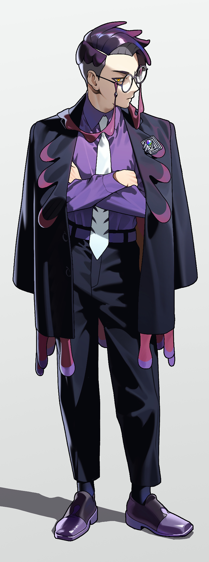 987645321o, corbeau (pokemon), nintendo, pokemon, pokemon legends: z-a, commentary request, highres, 1boy, black-framed eyewear, black hair, black jacket, black pants, closed mouth, collared shirt, full body, glasses, jacket, jacket on shoulders, male focus, necktie, pants, purple shirt, round eyewear, shirt, shoes, short hair, socks, solo, standing, white necktie, yellow eyes