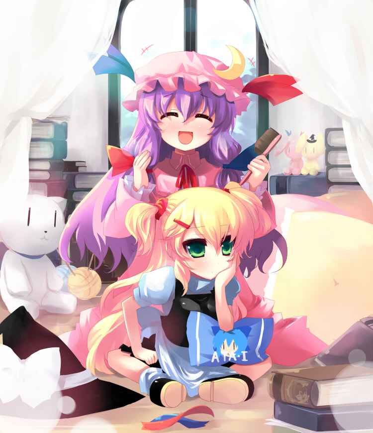 shin (new), cirno, kirisame marisa, patchouli knowledge, embodiment of scarlet devil, touhou, 2girls, alternate hairstyle, blonde hair, closed eyes, green eyes, hair brush, hair ornament, hairclip, hairdressing, multiple girls, open mouth, pillow, purple hair, shoes, smile, twintails, | |