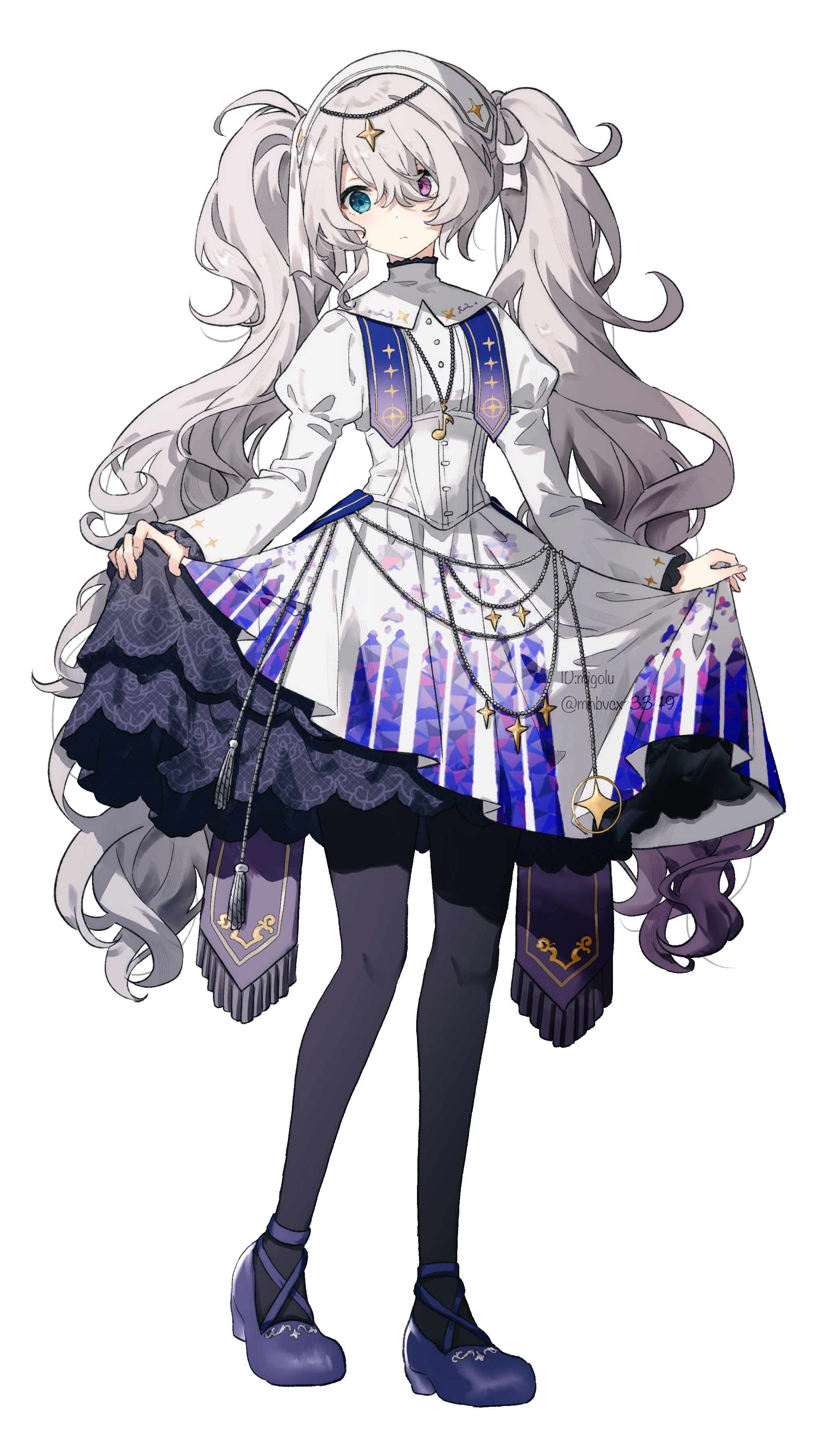 migolu, 25-ji miku, hatsune miku, project sekai, vocaloid, absurdres, commentary, highres, symbol-only commentary, 1girl, aqua eyes, black pantyhose, closed mouth, corset, dot nose, dress, expressionless, facing viewer, frills, full body, grey hair, hair between eyes, hairband, heterochromia, high collar, holding, juliet sleeves, long hair, long sleeves, looking down, musical note necklace, noctis monaka (project sekai), official alternate costume, pantyhose, pink eyes, puffy sleeves, purple shoes, shoes, sidelocks, simple background, skirt hold, solo, standing, star (symbol), twintails, twitter username, underbust, very long hair, white background, white corset, white dress