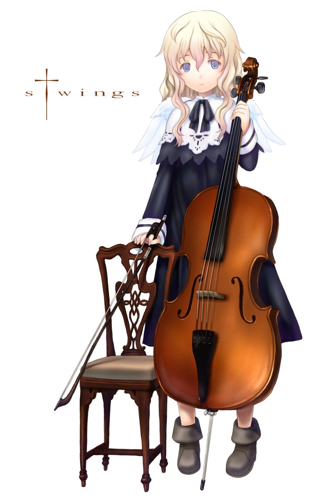 sabamu, original, blonde hair, blue eyes, boots, bow (music), cello, chair, dress, instrument, long hair, solo, wings