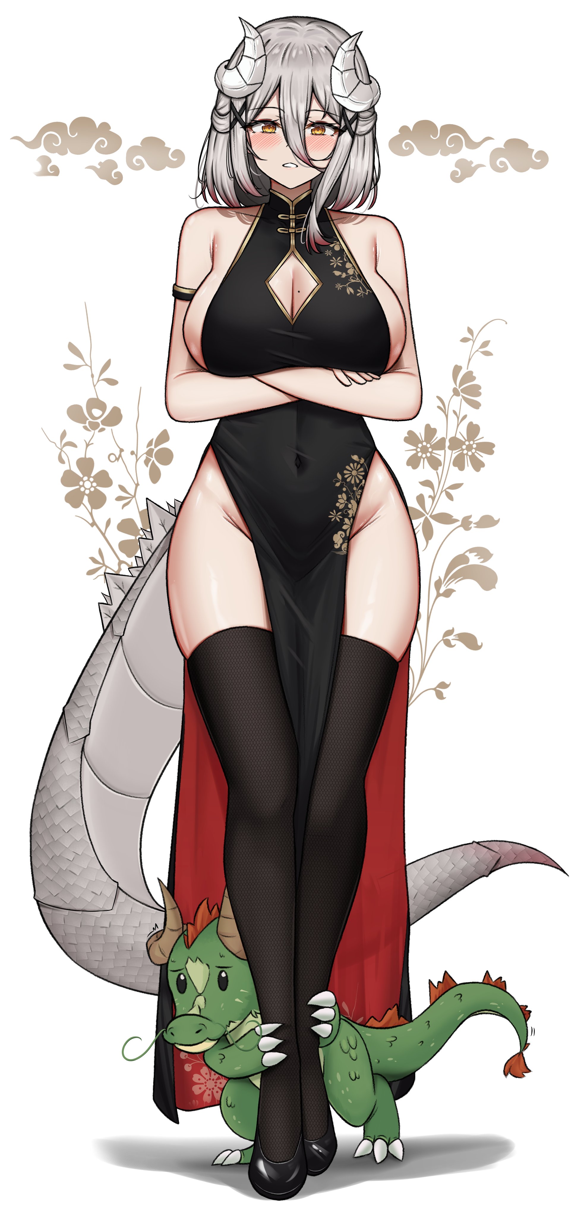 yukaraishin, yuka (yukaraishin), original, absurdres, commentary, english commentary, highres, 1girl, black dress, black shoes, black thighhighs, blush, breasts, china dress, chinese clothes, cleavage, cleavage cutout, clothing cutout, crossed arms, curled horns, double-parted bangs, dragon, dragon girl, dragon horns, dragon tail, dress, full body, grey hair, groin, hair between eyes, horns, large breasts, long hair between eyes, looking at viewer, mole, mole on breast, parted lips, pelvic curtain, shoes, sleeveless, sleeveless dress, solo, straight-on, tail, thighhighs, thighs, white background, yellow eyes