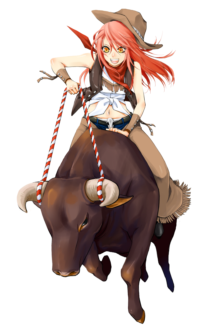 ko-on (ningen zoo), original, highres, 1girl, belt, bull, chaps, cowboy hat, cowboy western, female focus, fringe trim, hat, horns, long hair, midriff, navel, neckerchief, pink hair, skull, solo, vest, wristband, yellow eyes