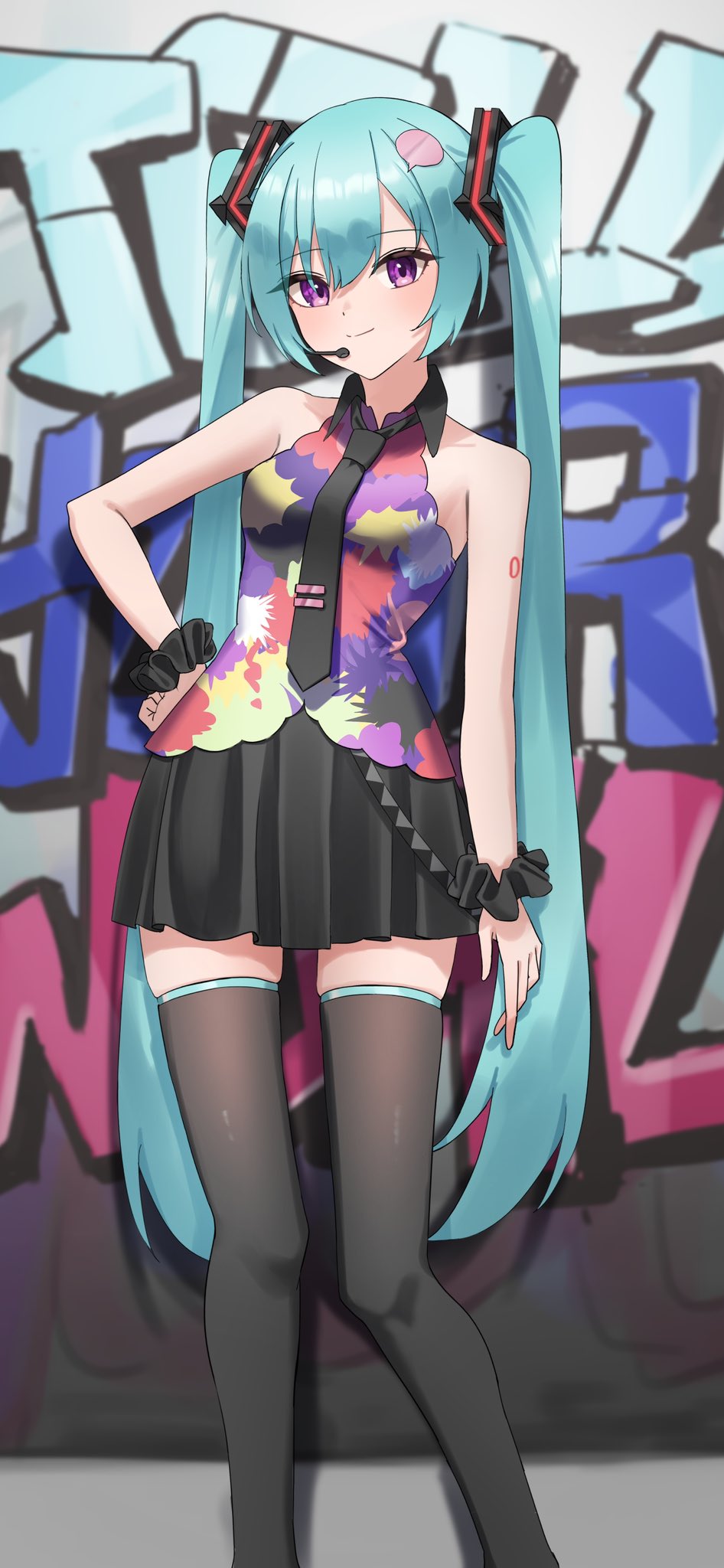 amaama (beccyonaika1), hatsune miku, tell your world (vocaloid), vocaloid, highres, 1girl, aqua hair, arm tattoo, black necktie, black skirt, black thighhighs, breasts, collared shirt, feet out of frame, graffiti, hair between eyes, hair ornament, hand on own hip, headset, light blush, long hair, looking at viewer, medium breasts, necktie, number tattoo, purple eyes, scrunchie, shirt, skirt, sleeveless, sleeveless shirt, smile, solo, speech bubble hair ornament, tattoo, thick thighs, thighhighs, thighs, twintails, very long hair, wrist scrunchie, zettai ryouiki