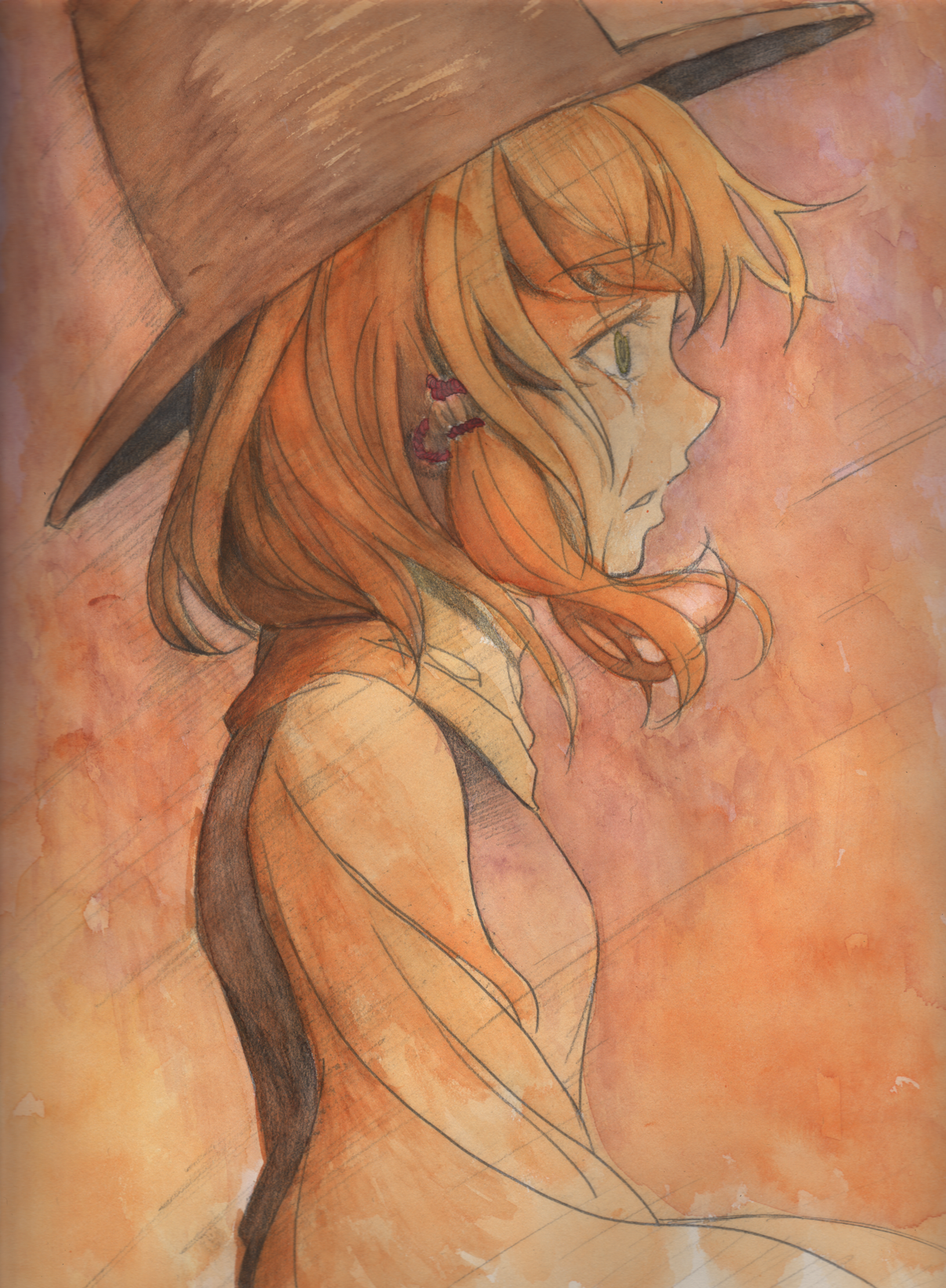 hikari-ko, moriya suwako, touhou, bad id, bad pixiv id, highres, traditional media, 1girl, brown hat, female focus, from side, hat, looking afar, profile, sad, solo, tears