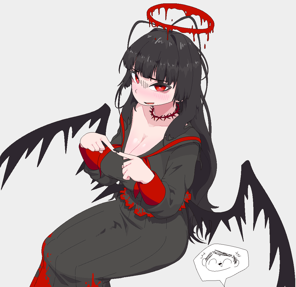 neamosub, doodle sensei (blue archive), sensei (blue archive), tsurugi (blue archive), blue archive, 1boy, 1girl, antenna hair, bags under eyes, black hair, black nails, black shirt, black skirt, blood, blood halo, blood on clothes, blush, breasts, choker, cleavage, collarbone, dripping, grey background, halo, hands up, happy, index fingers together, jaggy lines, large breasts, liquid halo, long hair, long skirt, looking at viewer, low wings, neckerchief, nose blush, open mouth, own hands together, red choker, red eyes, red halo, red neckerchief, school uniform, serafuku, shirt, shy, sideways mouth, simple background, sitting, skirt, smile, solo focus, speech bubble, spoken character, torn clothes, torn shirt, wings
