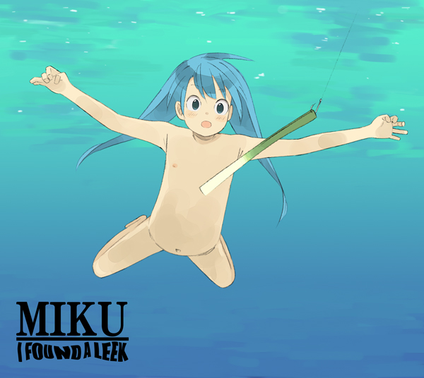 taka (bernie), hatsune miku, nevermind, nirvana (band), vocaloid, derivative work, 1girl, album cover, album cover redraw, blue eyes, blue hair, cover, female focus, fish hook, fishing line, flat chest, loli, long hair, matching hair/eyes, nipples, nude, nudist, parody, skinny dipping, solo, spring onion, swimming, twintails, underwater, zenra