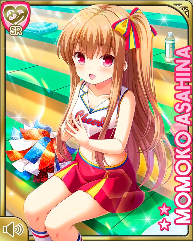 qp:flapper, asahina momoko, girlfriend (kari), white legwear, official art, 1girl, :d, bow, brown hair, card (medium), character name, cheerleader, collarbone, day, hair bow, hair ribbon, midriff, navel, one side up, open mouth, outdoors, pleated skirt, pom pom (cheerleading), red bow, red eyes, red shirt, red skirt, ribbon, school uniform, shirt, side ponytail, sitting, skirt, smile, solo