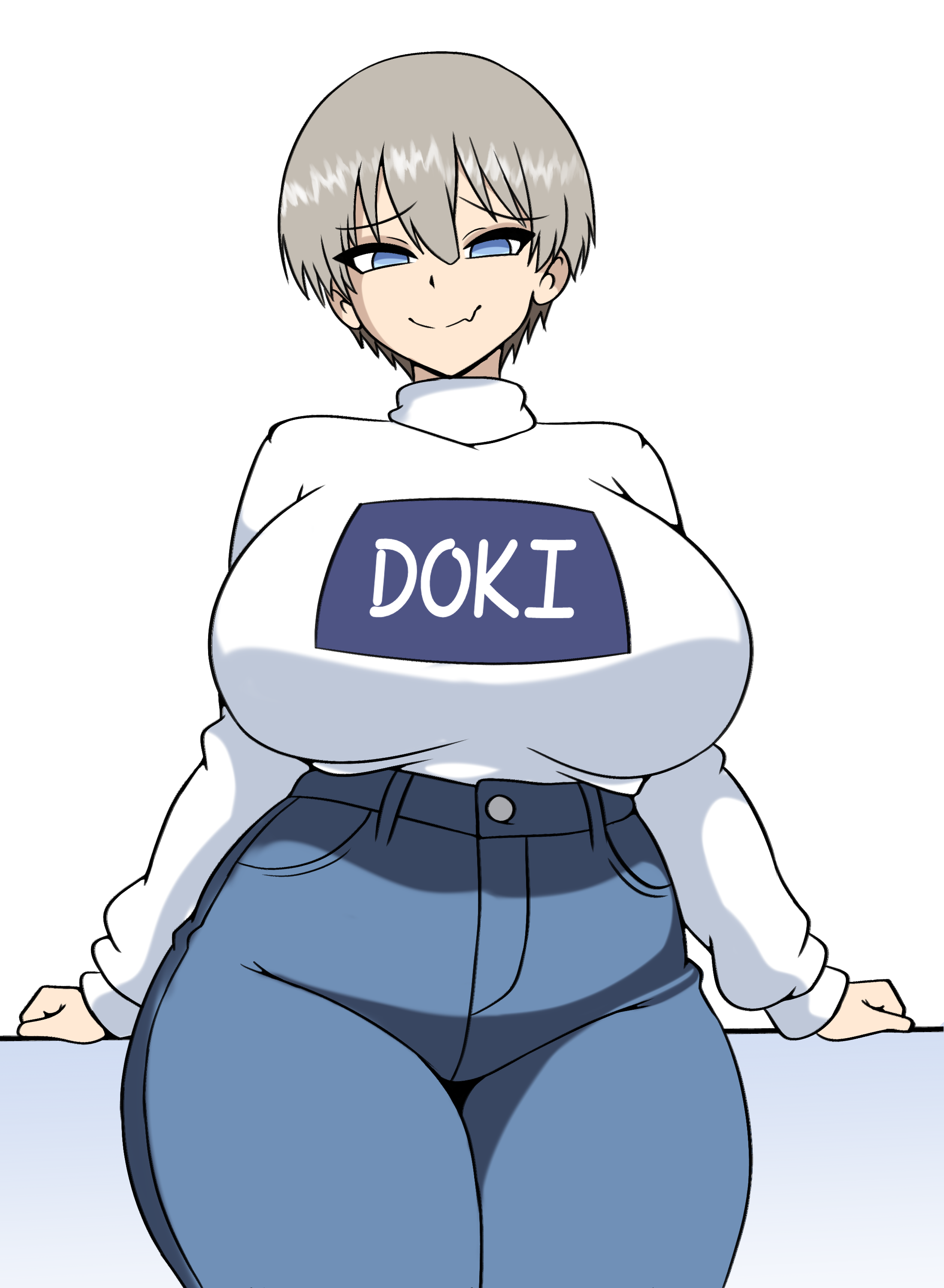 iggybomb, uzaki hana, uzaki-chan wa asobitai!, 1girl, blue eyes, blue pants, breasts, closed mouth, cowboy shot, fang, grey hair, high-waist pants, huge breasts, long sleeves, looking at viewer, pants, short hair, simple background, smile, solo, standing, sweater, turtleneck, turtleneck sweater, white background, white sweater