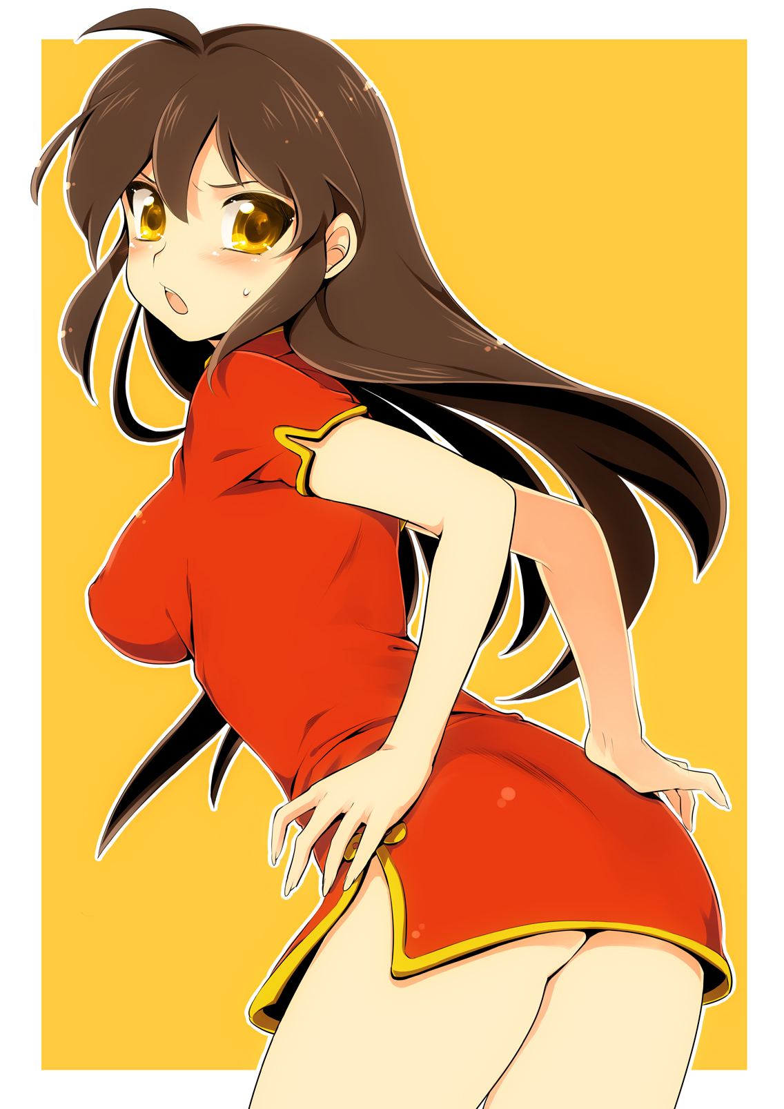 kayou (kayou-bi), original, highres, 1girl, ass, blush, breasts, brown hair, china dress, chinese clothes, dress, female focus, large breasts, long hair, looking back, short dress, side slit, solo, sweatdrop, yellow eyes