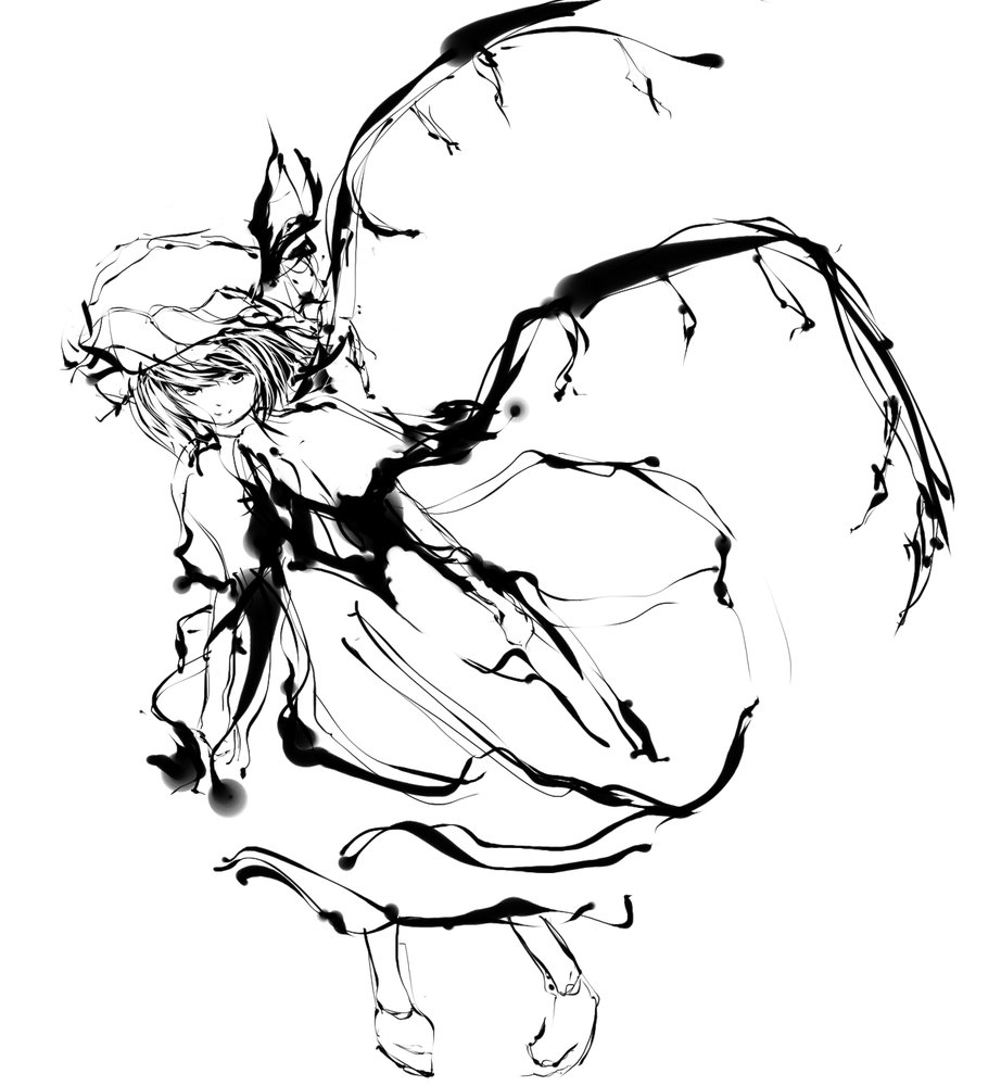 hanuu, flandre scarlet, touhou, 1girl, demon wings, female focus, full body, greyscale, hat, mob cap, monochrome, shoes, short hair, smile, solo, vampire, white background, wings