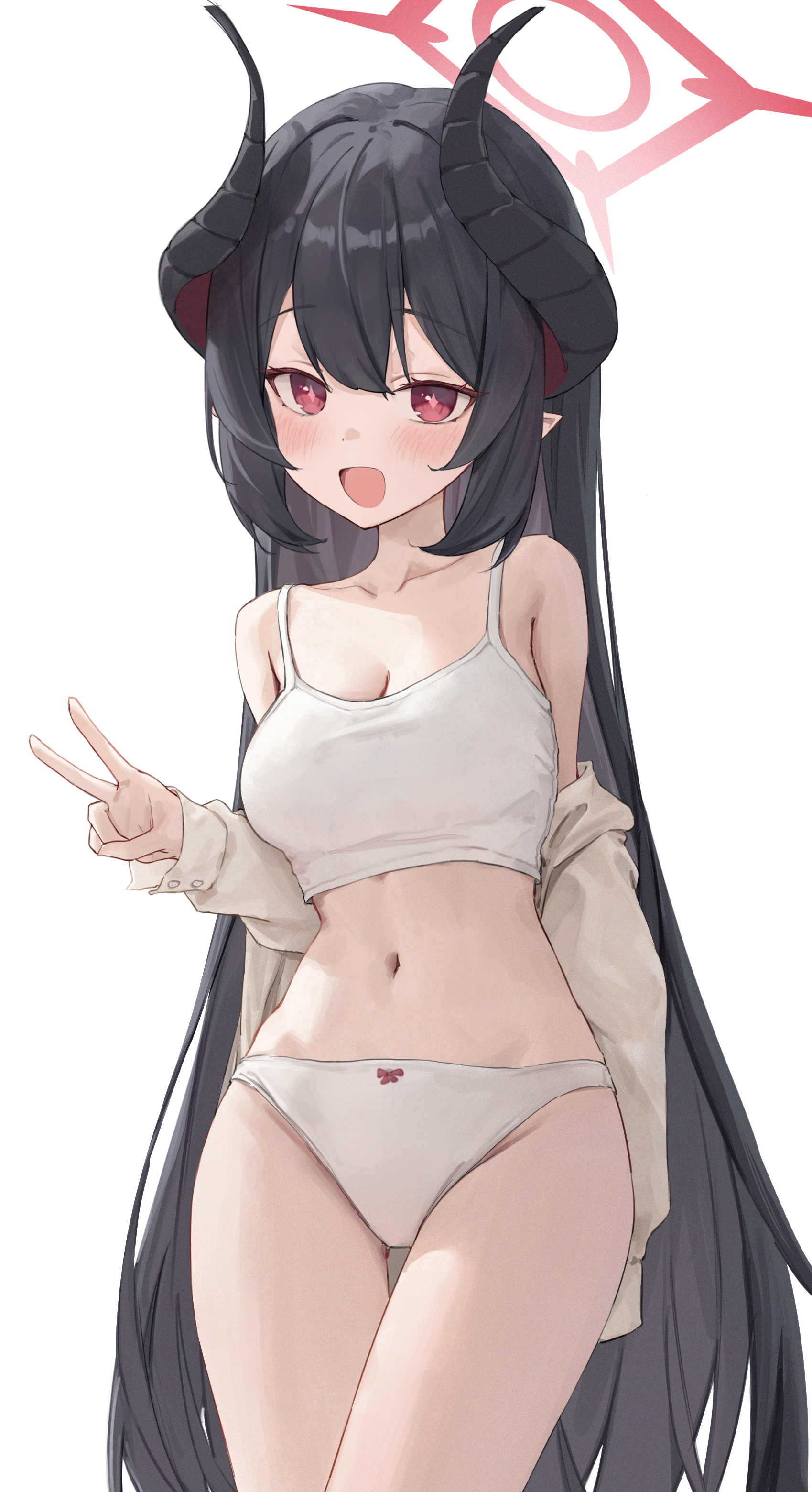 springrain 06, chiaki (blue archive), blue archive, absurdres, highres, + +, 1girl, :d, alternate costume, bare shoulders, black hair, blush, bow, bow panties, bra, breasts, brown jacket, cleavage, cowboy shot, demon girl, demon horns, hair between eyes, halo, hand up, horns, jacket, long hair, looking at viewer, medium breasts, navel, open mouth, panties, pointy ears, red eyes, red halo, sidelocks, simple background, smile, solo, stomach, straight hair, thigh gap, thighs, underwear, underwear only, v, very long hair, white background, white bra, white panties